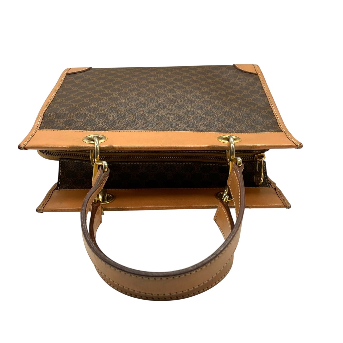 CELINE セリーヌ マカダム柄 ハンドバッグ ミニトート 茶 ブラウン PVC レザー ゴールド金具 手提げ ヴィンテージ オールドセリーヌ レディース E