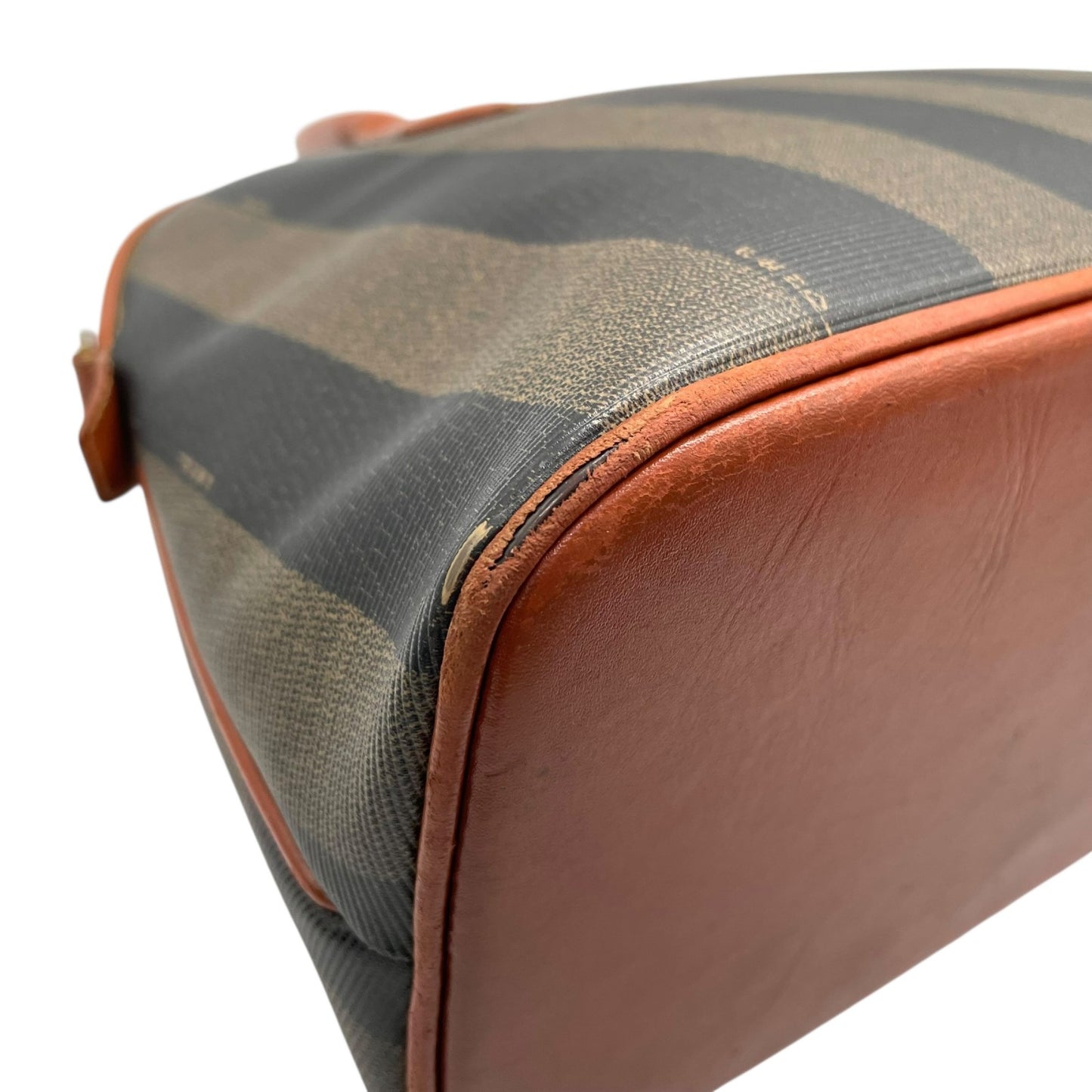 フェンディ FENDI ペカン柄 ボストンバッグ PVC レザー 茶色 カーキ ブラウン ストライプ ハンドバッグ ヴィンテージ B