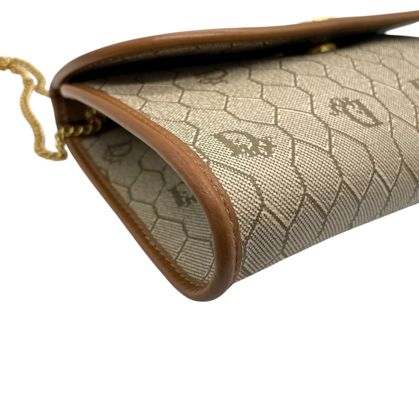 クリスチャン ディオール Christian Dior CDロゴ チェーンショルダーバッグ ベージュ 茶色 ブラウン ハニカム柄 キャンバス レザー ゴールド 金金具 ヴィンテージ K11