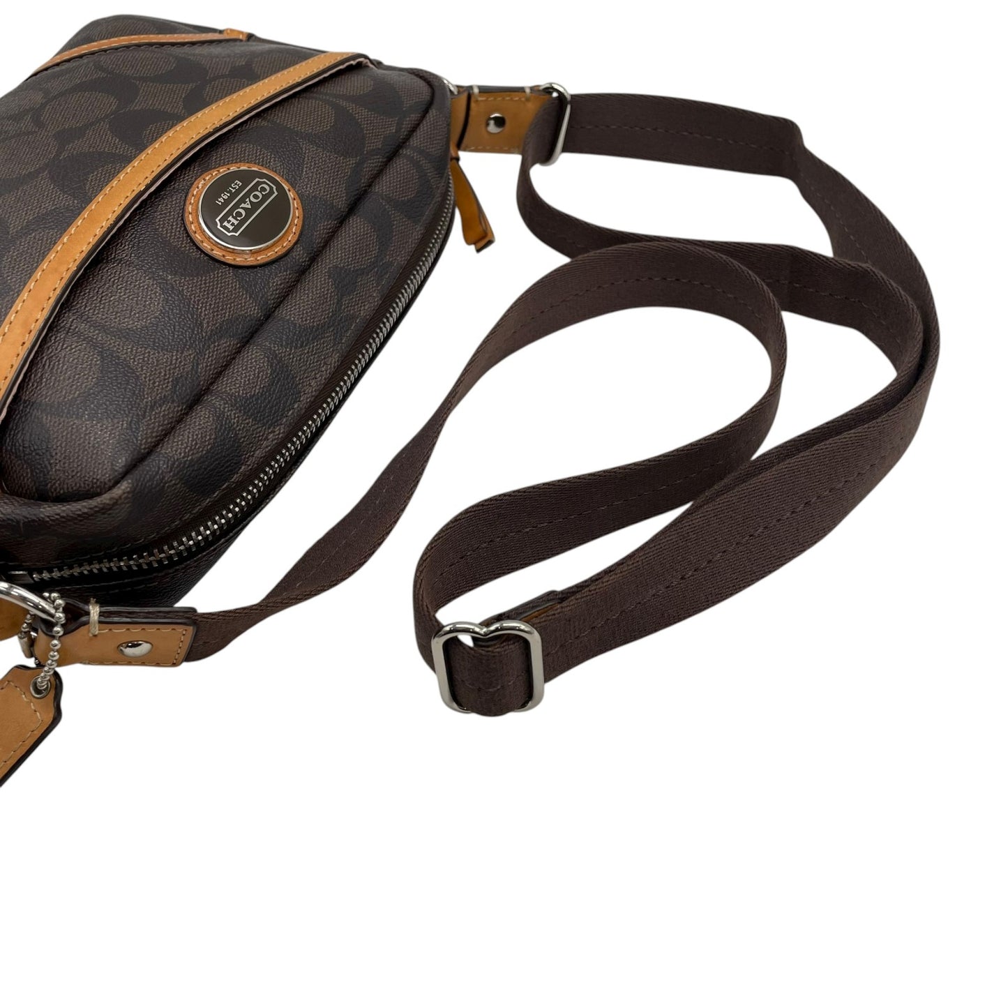 コーチ COACH シグネチャー PVC レザー ショルダーバッグ クロスボディ 茶色 ブラウン キャメル シルバー 3