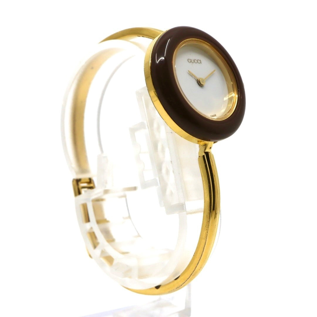 【美品/電池交換済】グッチ GUCCI チェンジベゼル 11/12.2 腕時計 レディースウォッチ クオーツ バングルウォッチ ゴールド ホワイト文字盤 ヴィンテージ アンティーク クラシック エレガント 人気モデル ブラウンベゼル クリーニング済み G3