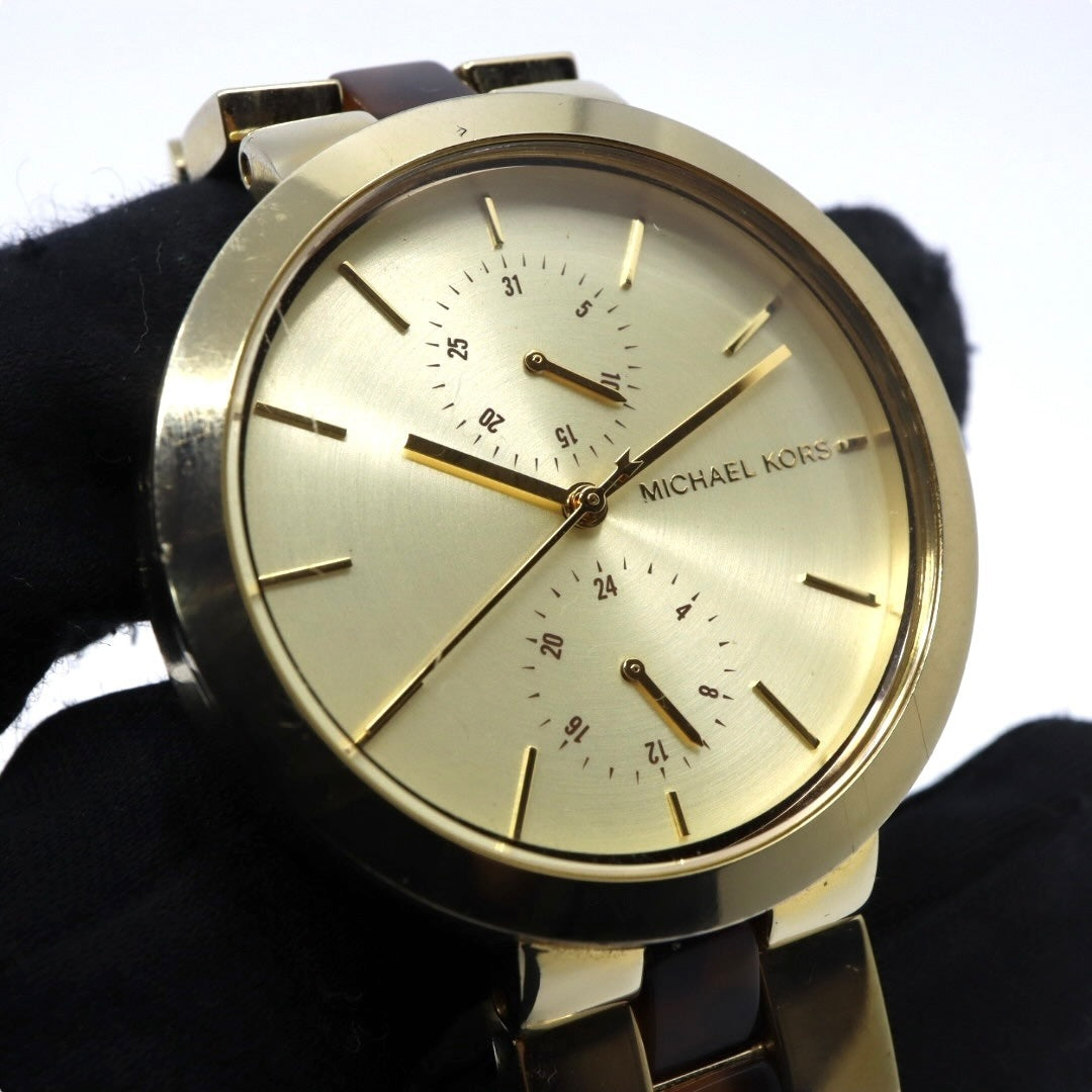 美品 電池交換済 クリーニング済 マイケルコース MICHAEL KORS 腕時計 MK-6471 レディースウォッチ クォーツ ゴールド べっ甲柄 ステンレススチール アナログ マルチファンクション エレガント クラシック ドレスウォッチ 稼働品 G3