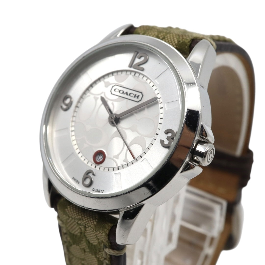 【電池交換済／クリーニング済】コーチ COACH 腕時計 8.180.158 レディースウォッチ クォーツ シルバー文字盤 シグネチャー キャンバスベルト グリーン系 デイトカレンダー アナログ クラシック カジュアル 稼働品 G3
