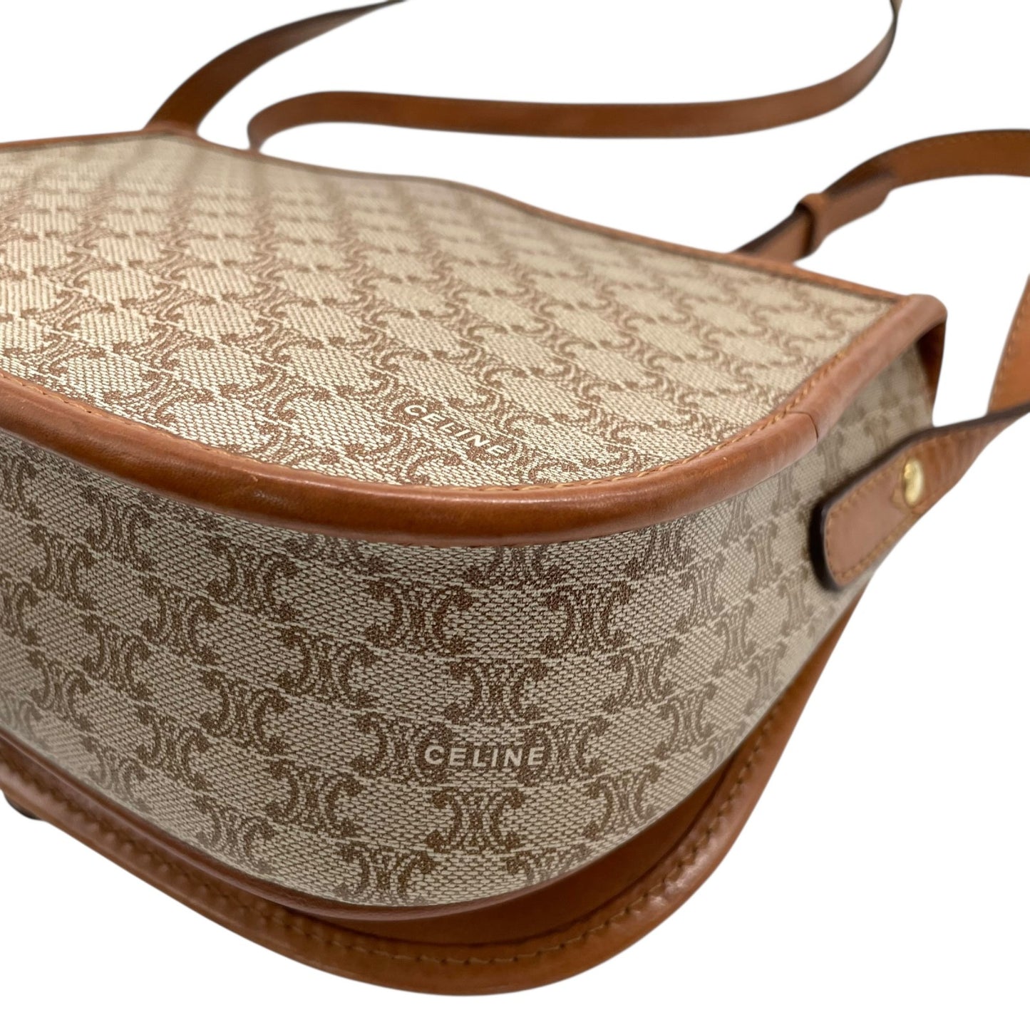 美品 CELINE オールドセリーヌ マカダム柄 トリオンフ ショルダーバッグ PVC レザー ベージュ ブラウン ゴールド金具 斜め掛け可 フラップ開閉 ヴィンテージ レディース K11