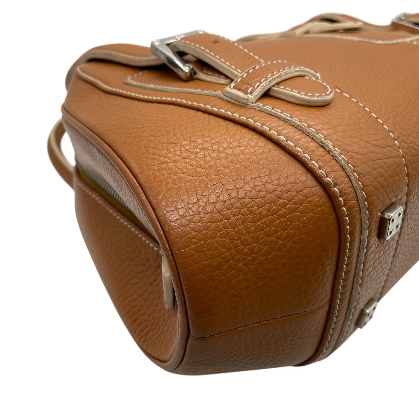 美品 ロエベ LOEWE センダ ハンドバッグ キャメルブラウン 茶 レザー シルバー金具 ファスナー開閉 ロゴ型押し レディース A