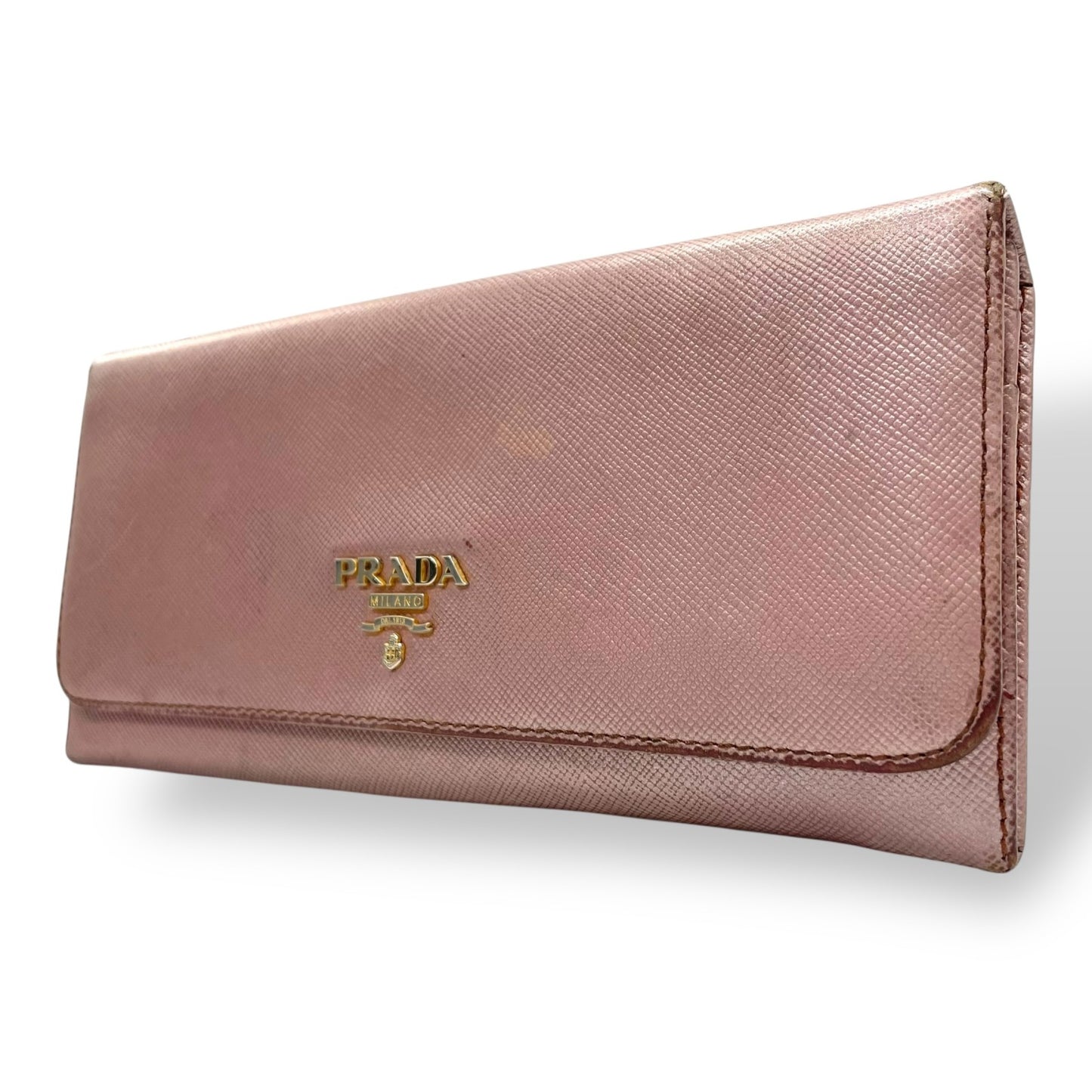 PRADA プラダ 長財布 ロングウォレット サフィアーノレザー ピンク ピンクベージュ メタリック ゴールド金具 ロゴ フラップ レディース W3