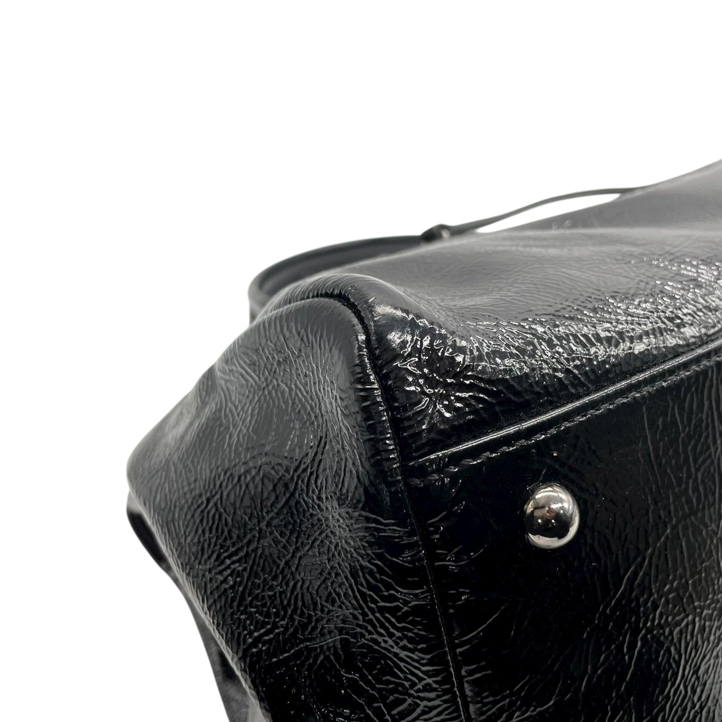 LONGCHAMP ロンシャン パテントレザー ハンドバッグ ブラック シルバー金具 エンボスホース ロゴ入り フロントジップ フランス製 A5