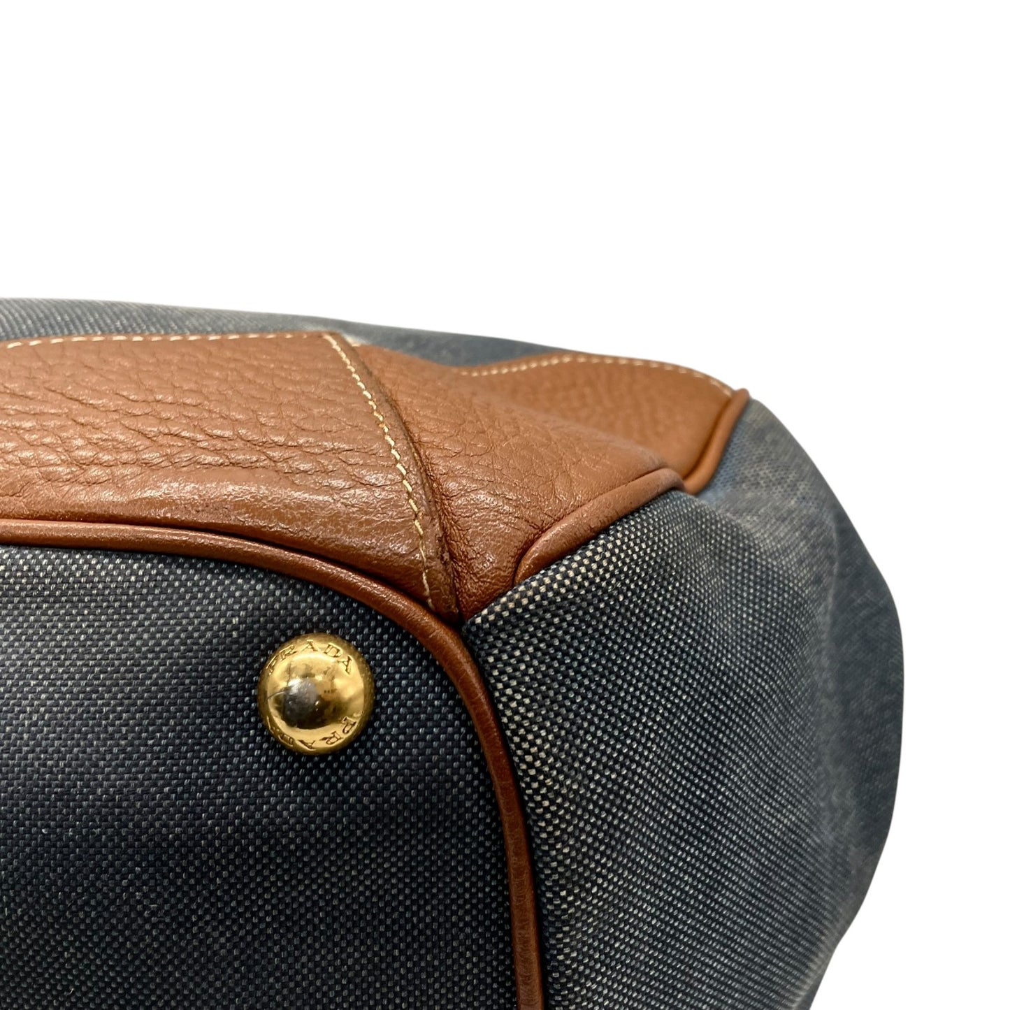 美品 PRADA プラダ ロゴ ジャガード トートバッグ ショルダー デニム レザー ブルー ブラウン ゴールド金具 D5