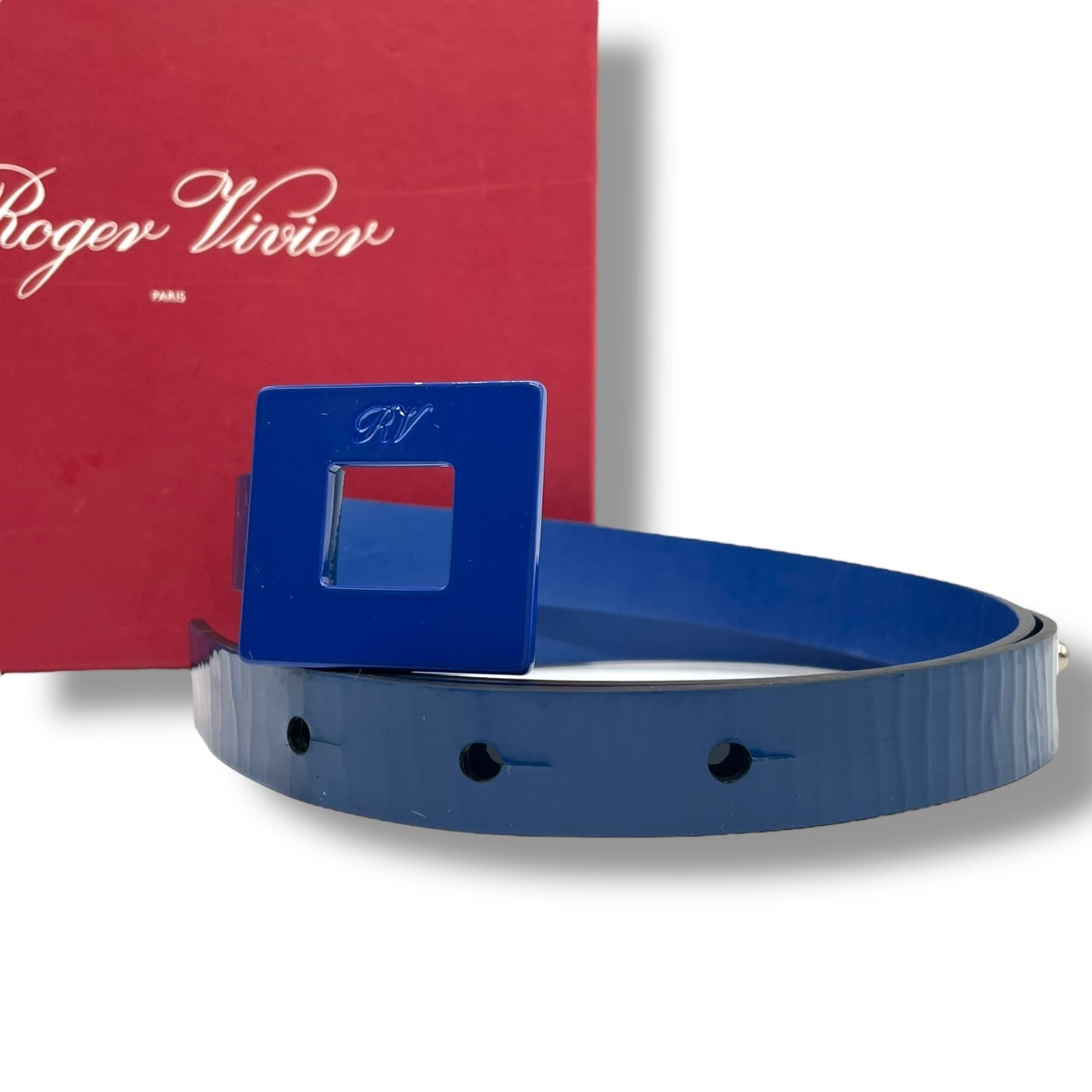Authentic Roger Vivier Belt Patent Leather Blue Black Blue Hardware Box Women's