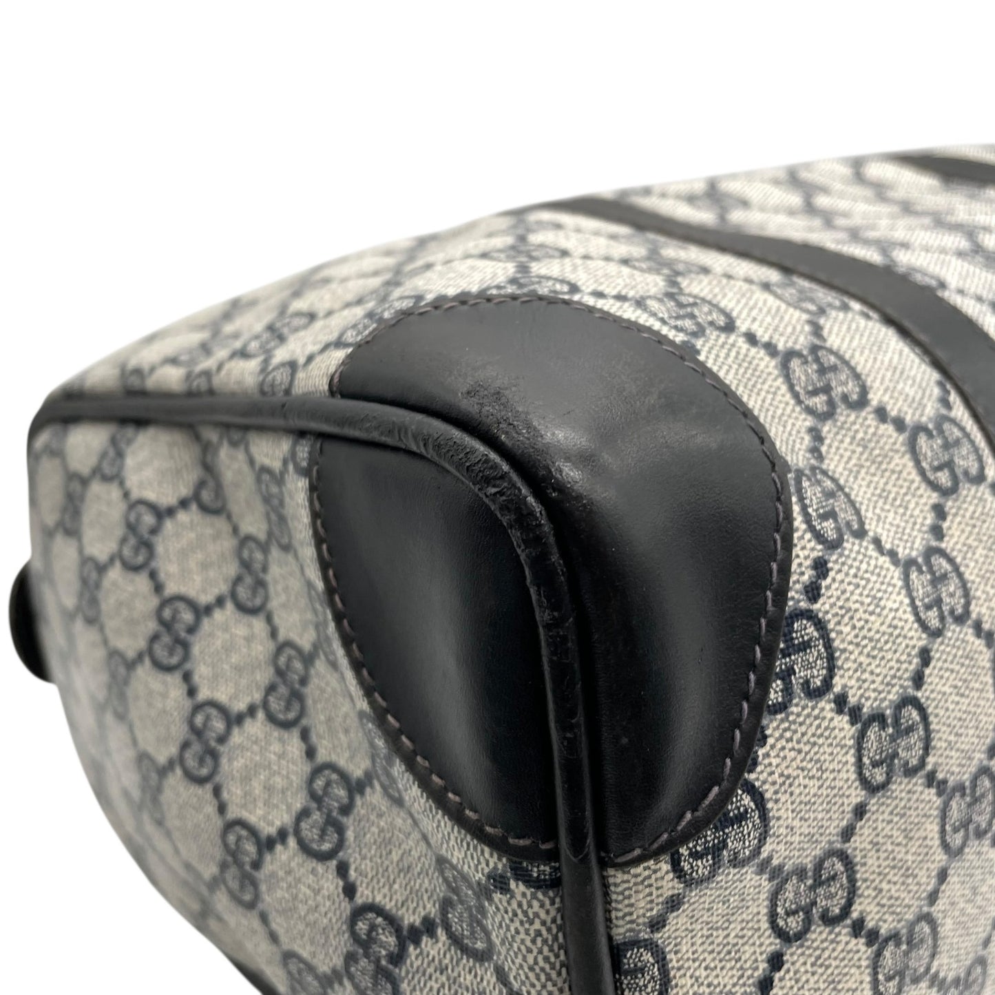 Authentic GUCCI GG Supreme Boston Bag Gray Navy PVC Leather Gold Hardware Vintage Women's Handbag GG Pattern