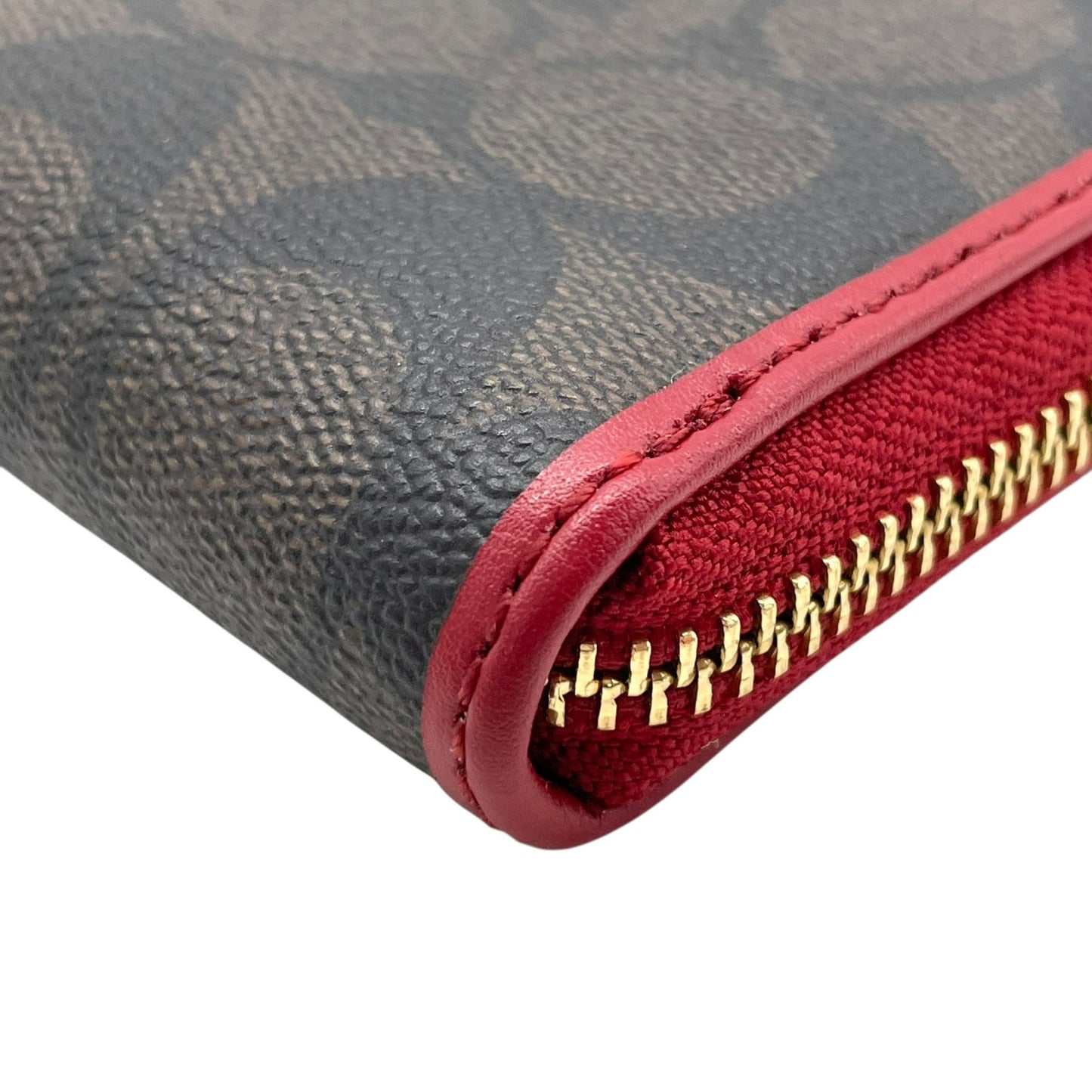 極美品 COACH コーチ シグネチャー 長財布 ラウンドファスナー 茶 ダークブラウン 赤 レッド 54630 IML72 ゴールド金具 PVC レザー ロゴ レディース W1