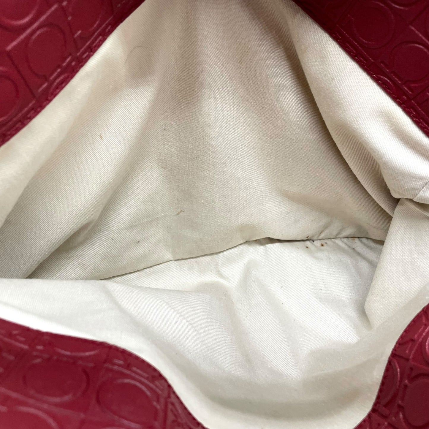 美品 フェラガモ Salvatore Ferragamo ガンチーニ ボルドー レザー ハンドバッグ トートバッグ 総柄 赤 レッド ブラウン シルバー金具 レディース D