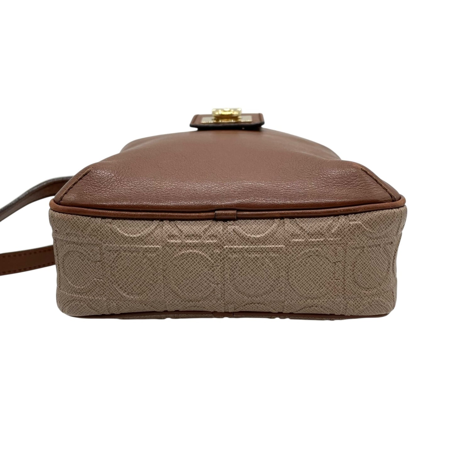 美品 Salvatore Ferragamo フェラガモ ガンチーニ ショルダーバッグ PVC レザー ベージュ ブラウン ゴールド金具 クロスボディ ポシェット 斜め掛け レディース K11