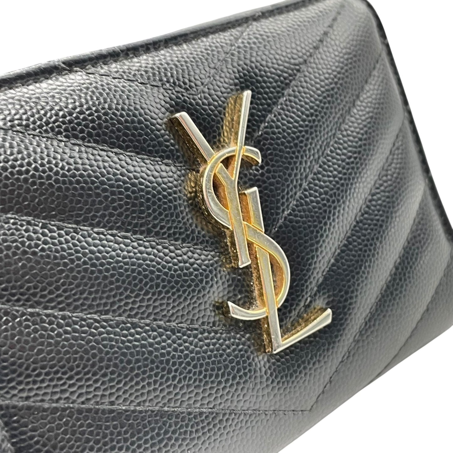 Authentic Saint Laurent Paris Compact Wallet Black YSL Large Logo Caviar Leather Gold Hardware Women