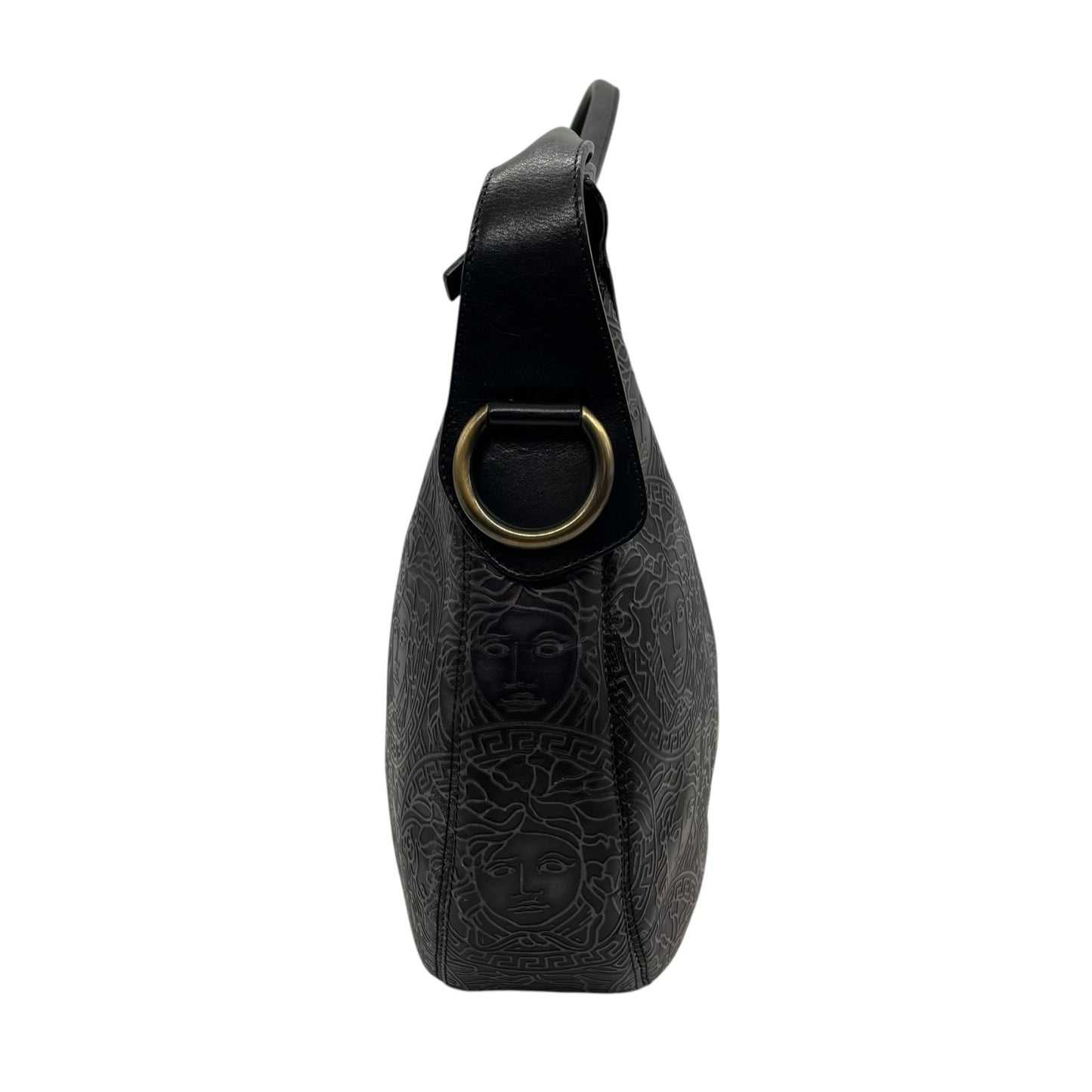 希少 VERSACE ヴェルサーチ メデューサ ワンショルダー ハンドバッグ 黒 ブラック ダークグレー レザー ゴールド金具 総柄 ホーボー 肩掛け可 レディース C4