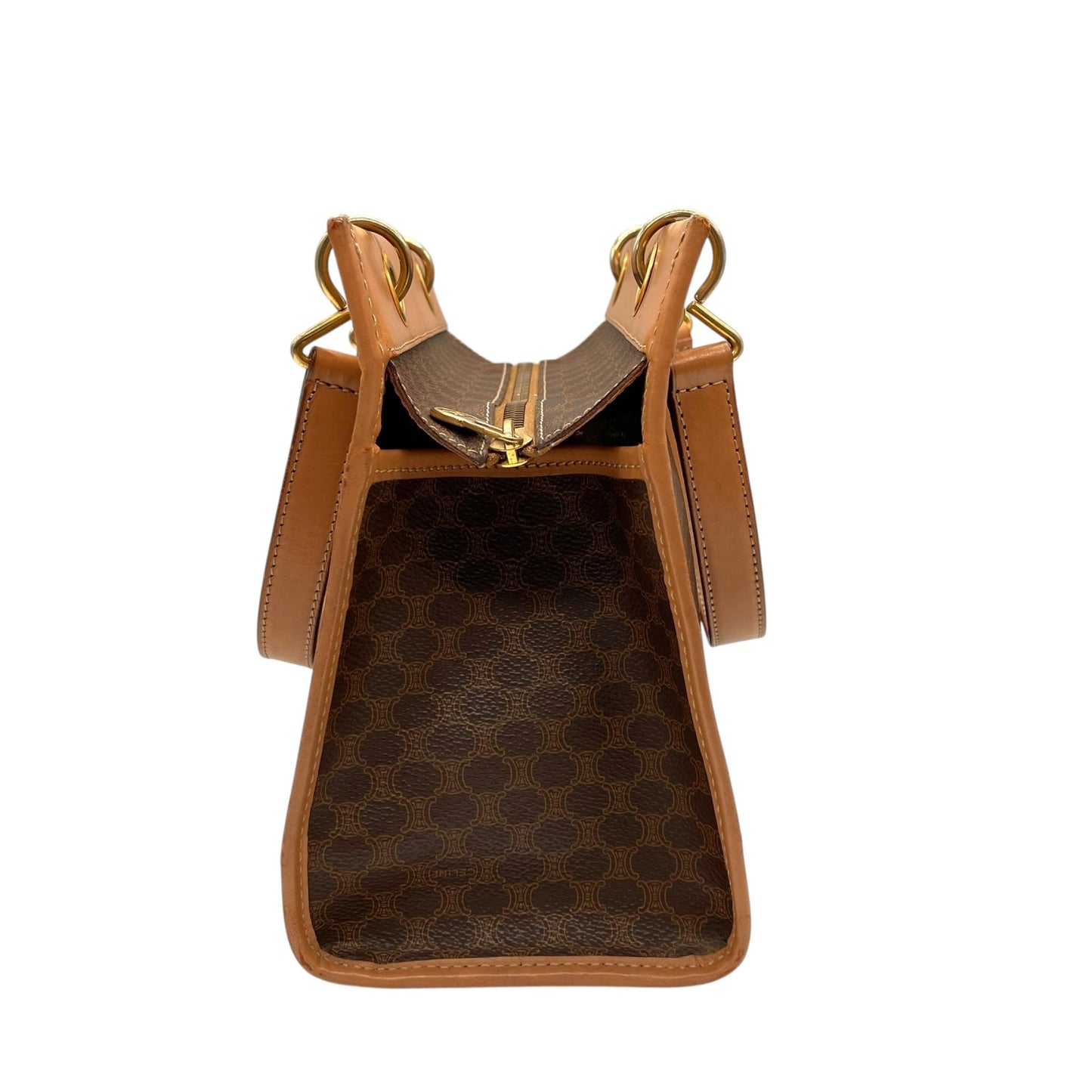 CELINE セリーヌ マカダム柄 ハンドバッグ ミニトート 茶 ブラウン PVC レザー ゴールド金具 手提げ ヴィンテージ オールドセリーヌ レディース E