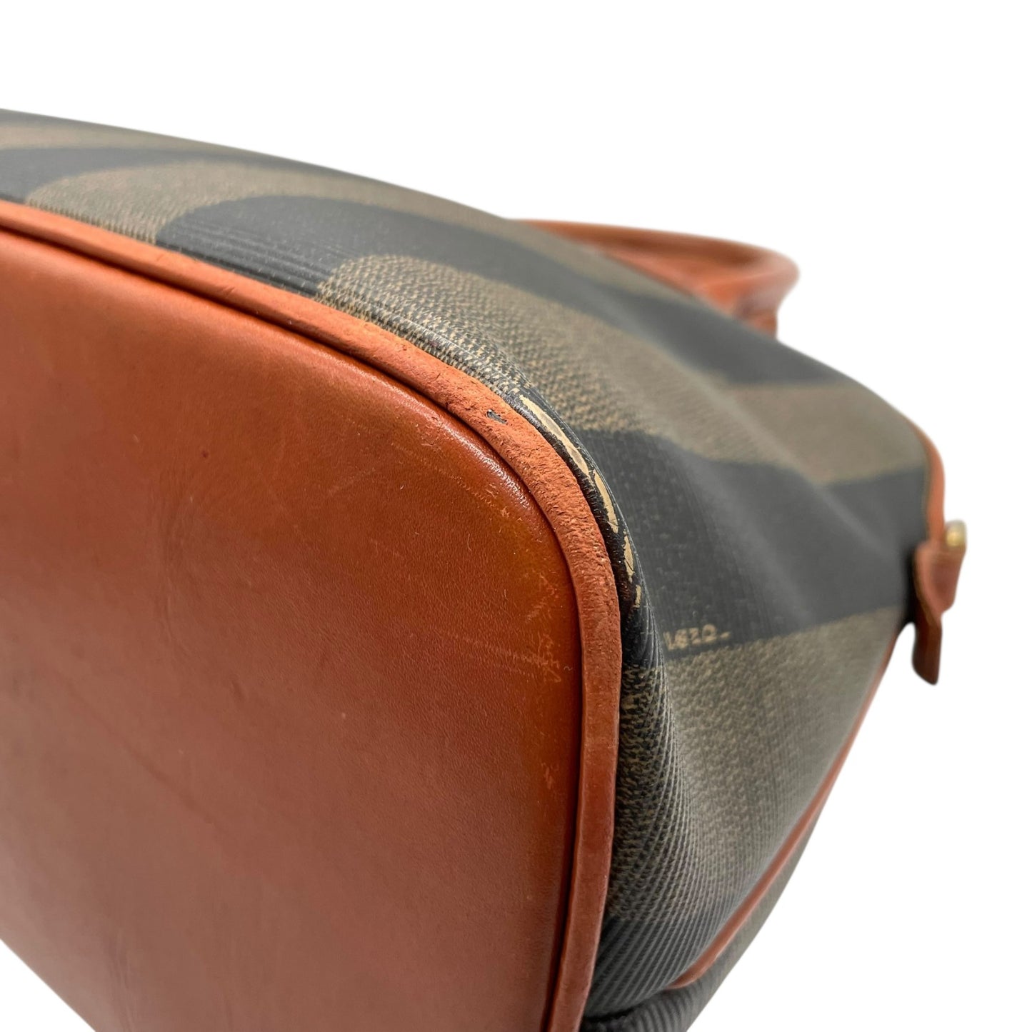 フェンディ FENDI ペカン柄 ボストンバッグ PVC レザー 茶色 カーキ ブラウン ストライプ ハンドバッグ ヴィンテージ B