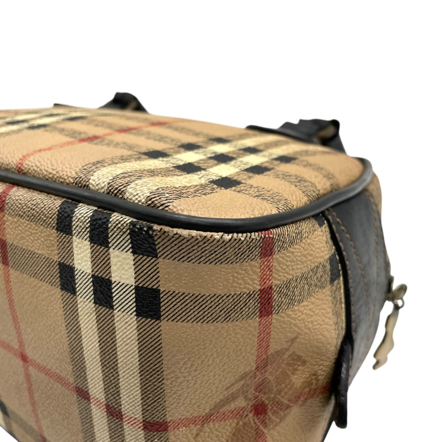 BURBERRY バーバリー ミニボストンバッグ ハンドバッグ ノバチェック シャドーホース シェルター ベージュ 黒 ブラック ゴールド金具 PVC レザー ファスナー開閉 手提げ ヴィンテージ レディース K6