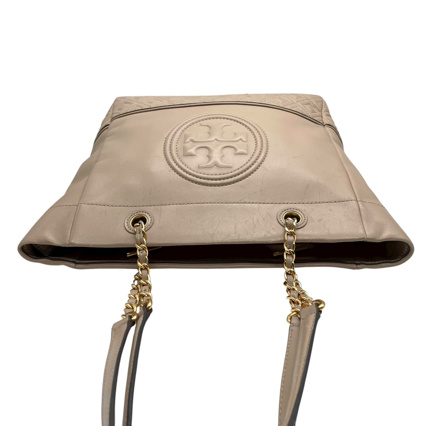 トリーバーチ TORY BURCH レザー トートバッグ チェーンショルダー ベージュ ロゴ エンボス 高級感 E10