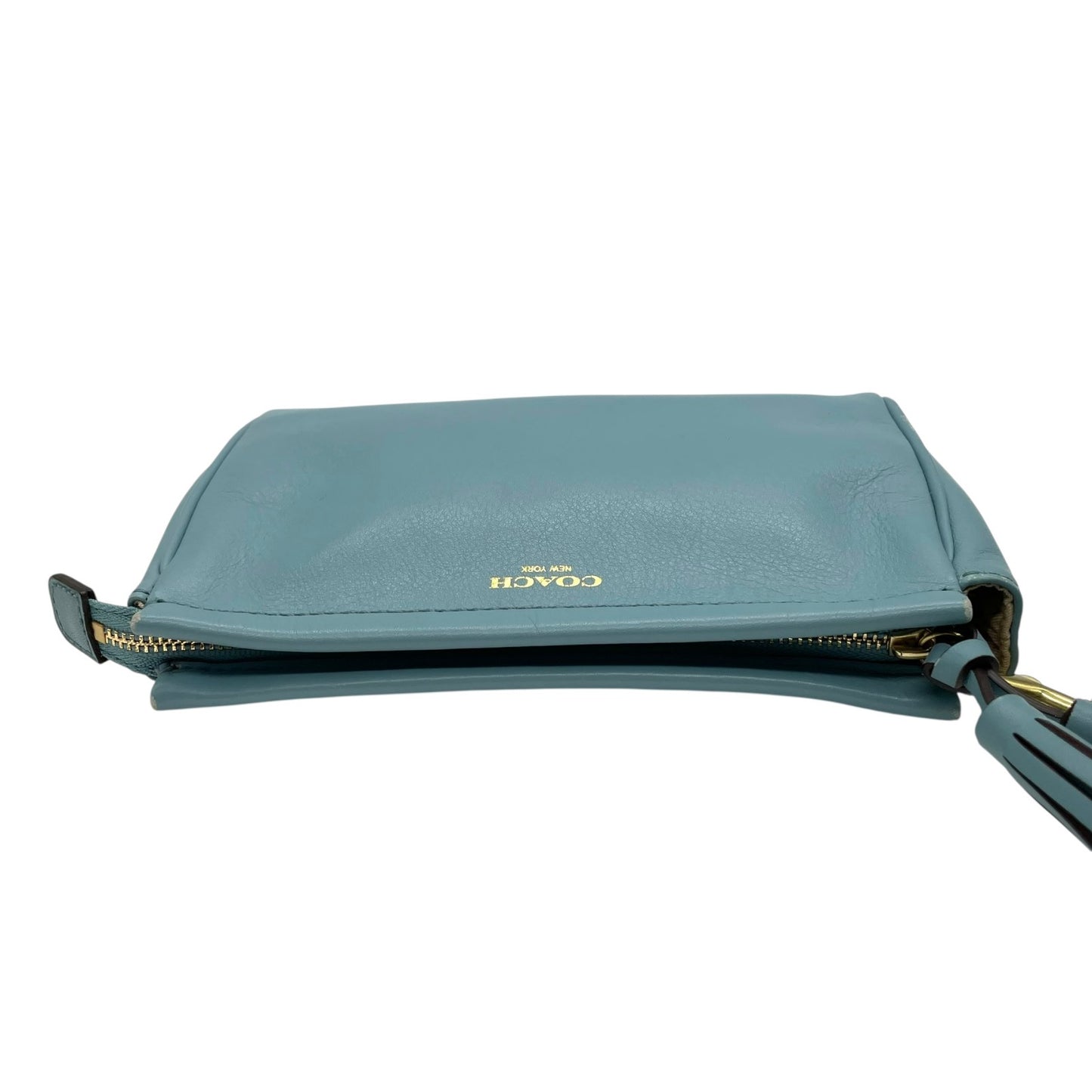 美品 コーチ COACH ポーチ レザー スカイブルー タッセル付き ロゴ 上品 コンパクト 本革 S52