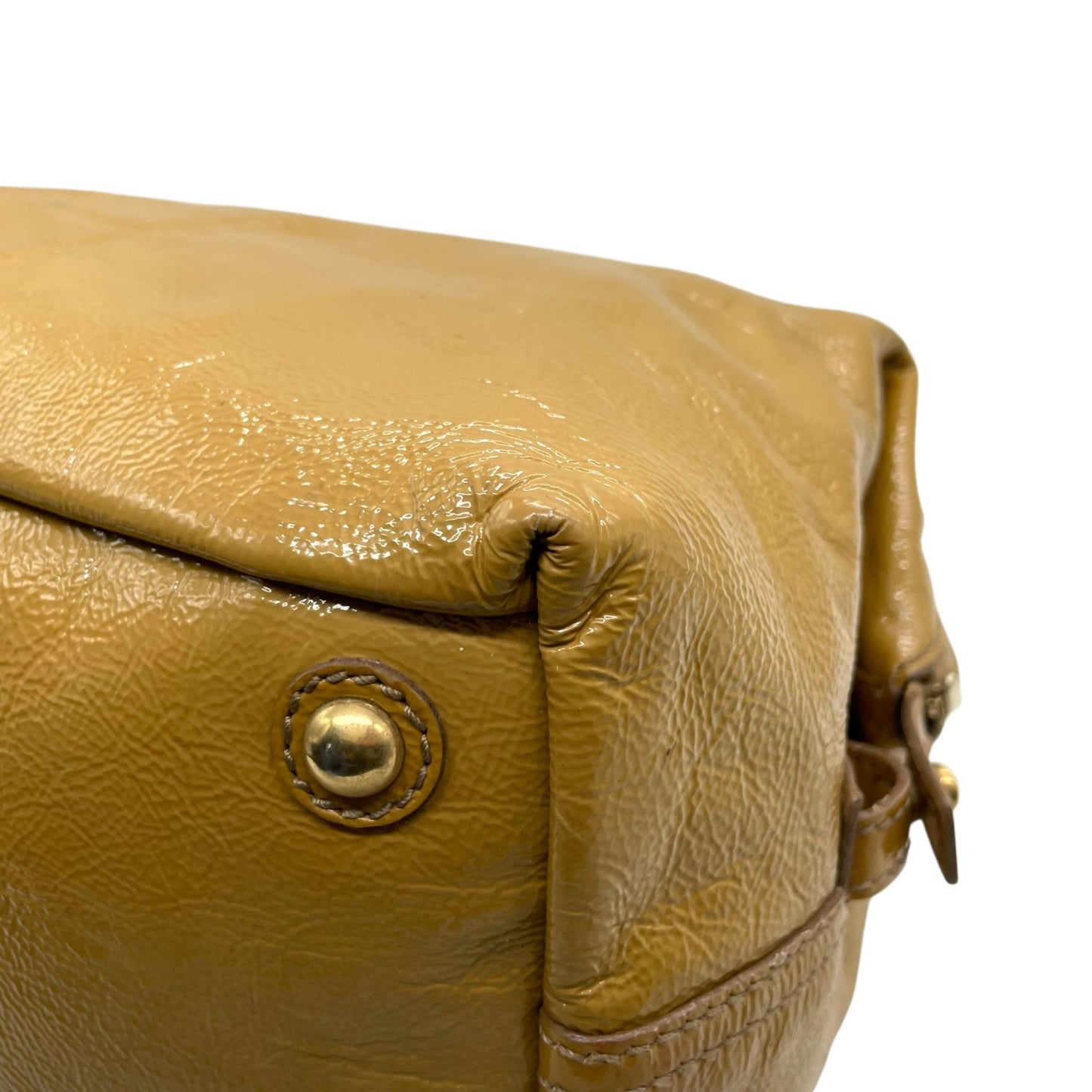 イヴサンローラン YSL ボストンバッグ Yライン パテントレザー ハンドバッグ キャメル ゴールド金具 ロゴ刻印 A2