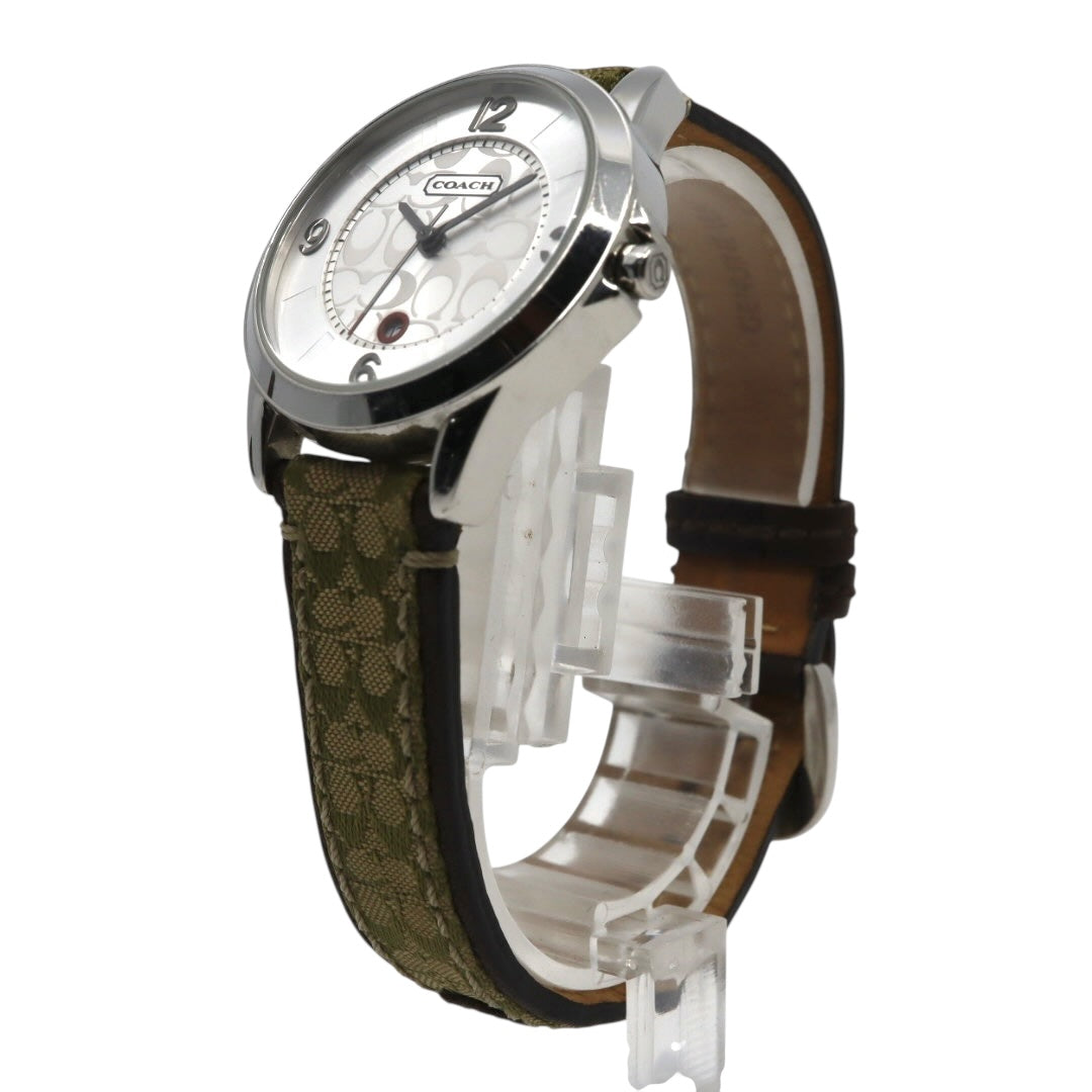 【電池交換済／クリーニング済】コーチ COACH 腕時計 8.180.158 レディースウォッチ クォーツ シルバー文字盤 シグネチャー キャンバスベルト グリーン系 デイトカレンダー アナログ クラシック カジュアル 稼働品 G3