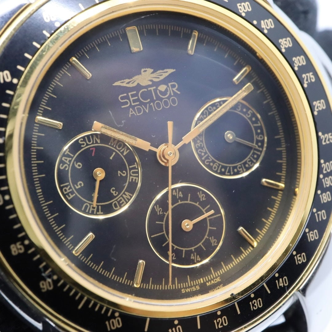 美品 電池交換済 新品ベルト セクター SECTOR ADV1000 腕時計 メンズウォッチ クロノグラフ タキメーター クォーツ ブラック文字盤 シルバー ゴールド ステンレス レザーベルト アナログ スポーツウォッチ 稼働品 G3