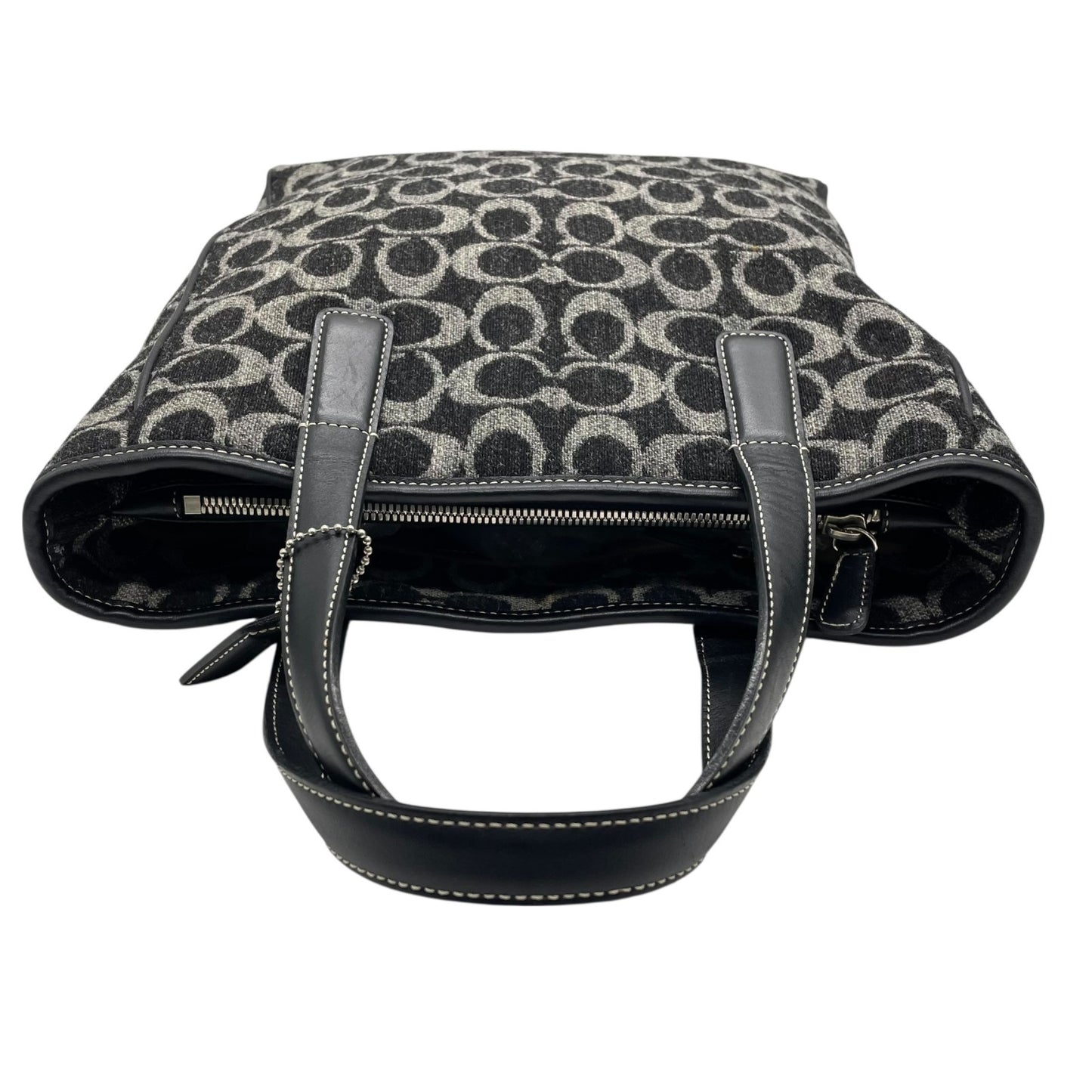 美品 COACH コーチ シグネチャー トートバッグ ハンドバッグ 黒 ブラック グレー ウール レザー シルバー金具 ロゴ ファスナー開閉 レディース S11