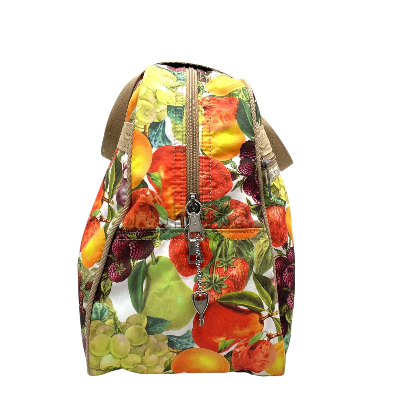 未使用級 LeSportsac レスポートサック ボストンバッグ ナイロン マルチカラー ベージュ 果物 フルーツ柄 総柄 シルバー金具 ロゴ 肩掛け可 レディース S91