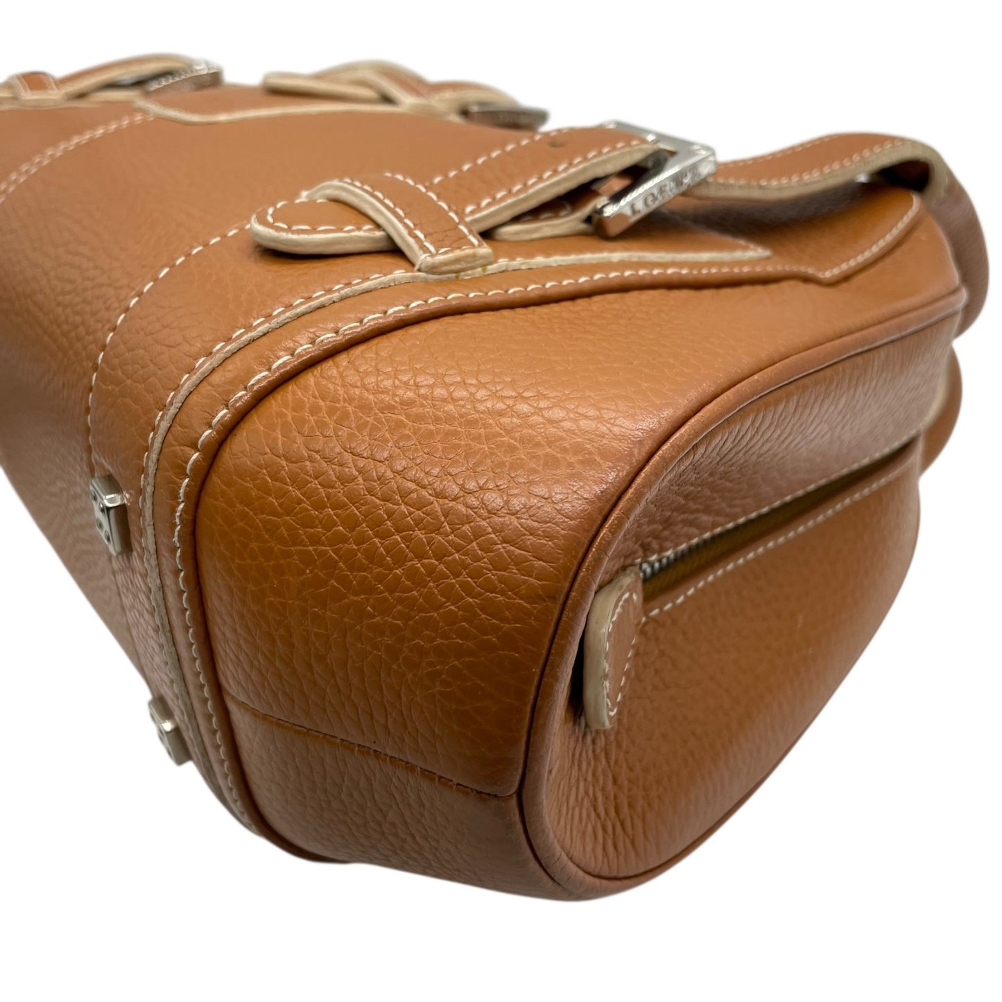 美品 ロエベ LOEWE センダ ハンドバッグ キャメルブラウン 茶 レザー シルバー金具 ファスナー開閉 ロゴ型押し レディース A