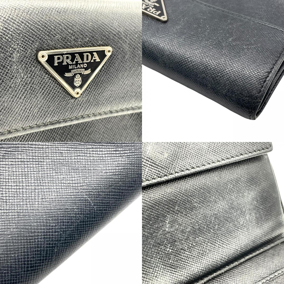 PRADA プラダ 三つ折り財布 コンパクトウォレット フラップ サフィアーノレザー ブラック 三角ロゴ トライアングルロゴ シルバー金具 メンズ レディース W3