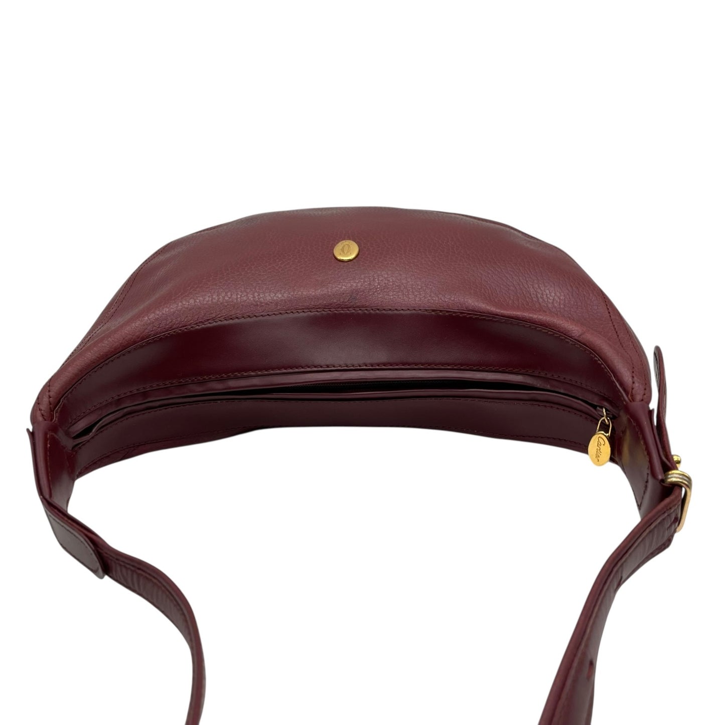 美品 カルティエ Cartier マストライン ショルダーバッグ ワンショルダー 赤 ボルドー ワインレッド レザー ゴールド金具 トリニティ 2Cモチーフ 肩掛け可 斜め掛け可 レディース B4