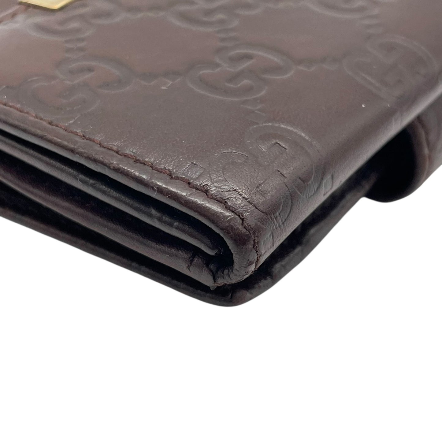 GUCCI グッチ グッチシマ 二つ折り財布 コンパクトウォレット GG柄 型押し レザー ブラウン ゴールド金具 プレートロゴ ヴィンテージ レディース M2