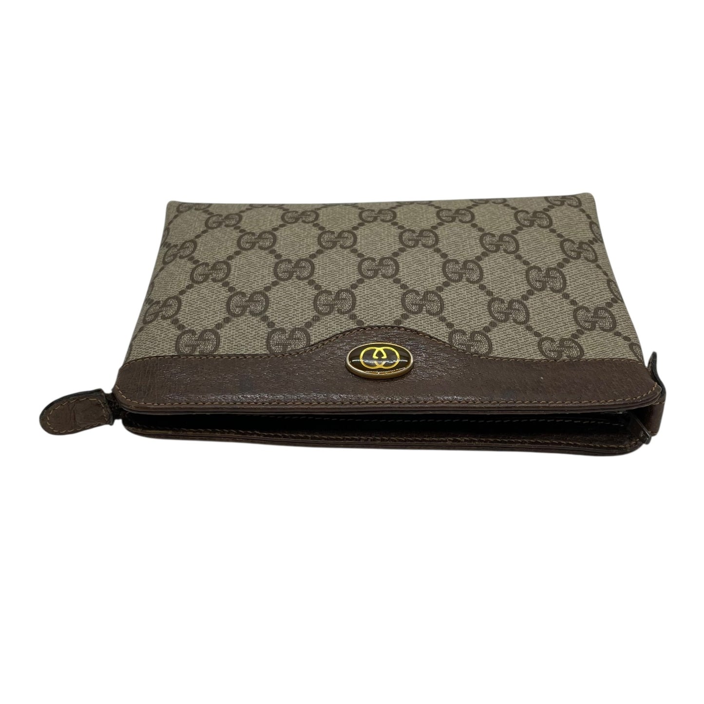 GUCCI グッチ GGスプリーム PVC レザー ポーチ グレー ベージュ ブラウン ゴールド金具 64・01 クラシックデザイン メンズ C
