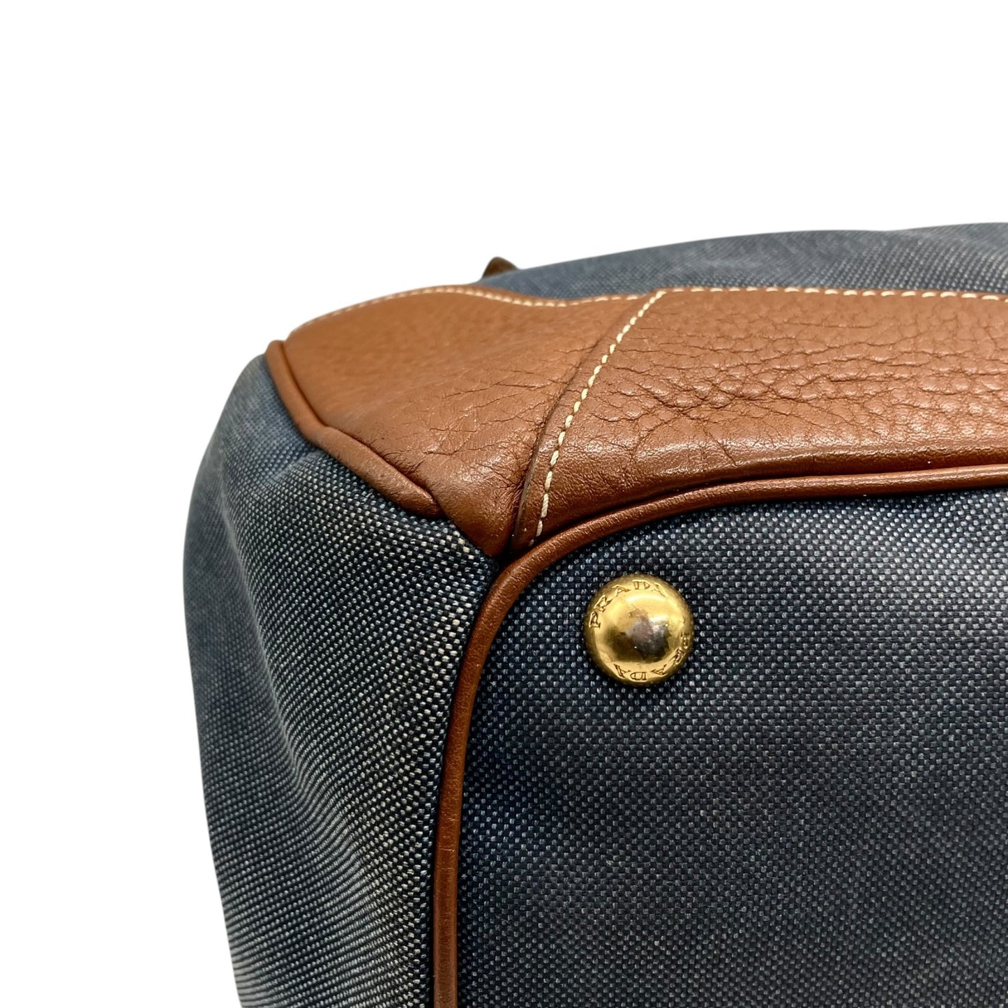 美品 PRADA プラダ ロゴ ジャガード トートバッグ ショルダー デニム レザー ブルー ブラウン ゴールド金具 D5