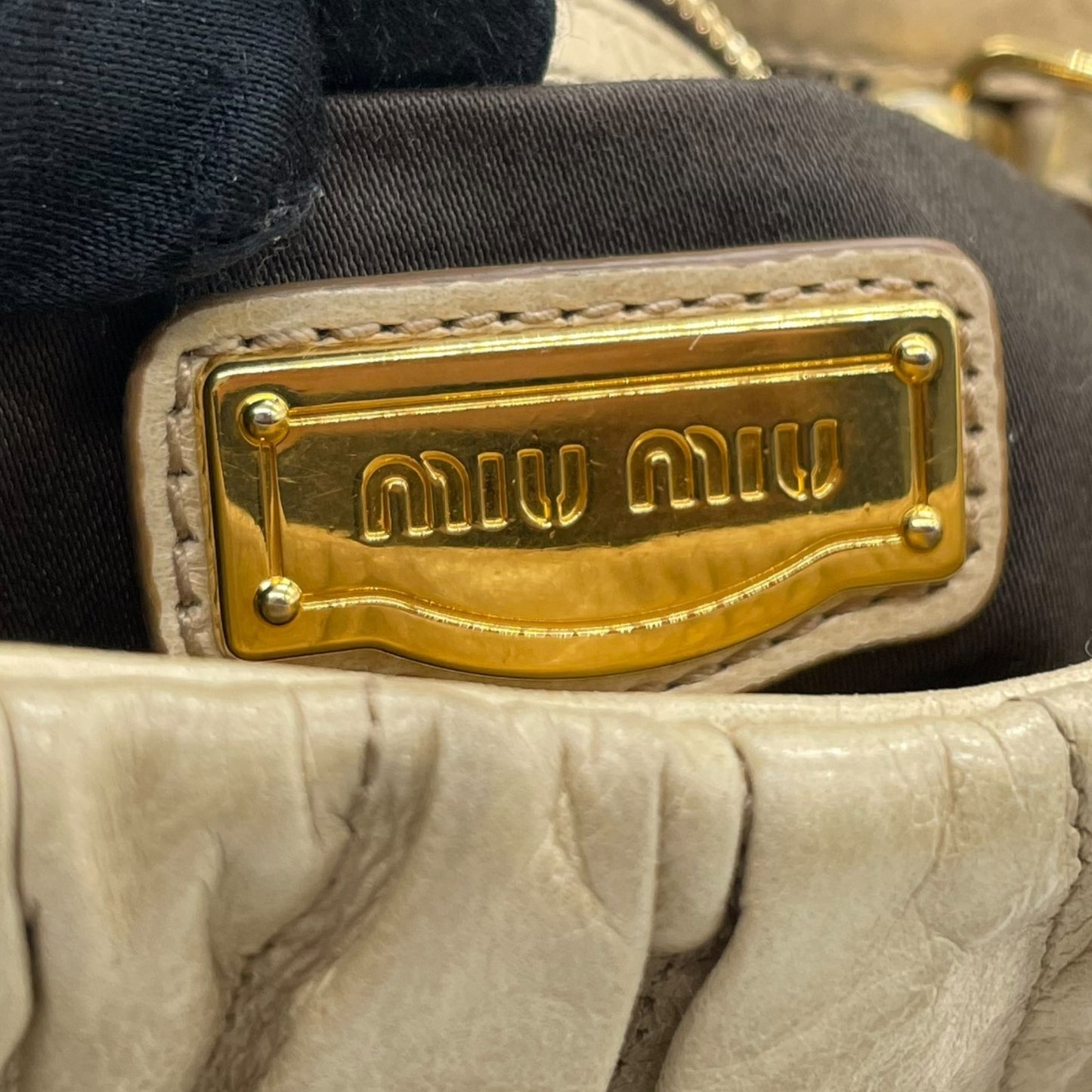 Authentic miumiu Matelassé 2WAY Handbag Shoulder Bag Leather Khaki Beige Gold Hardware Women's Crossbody