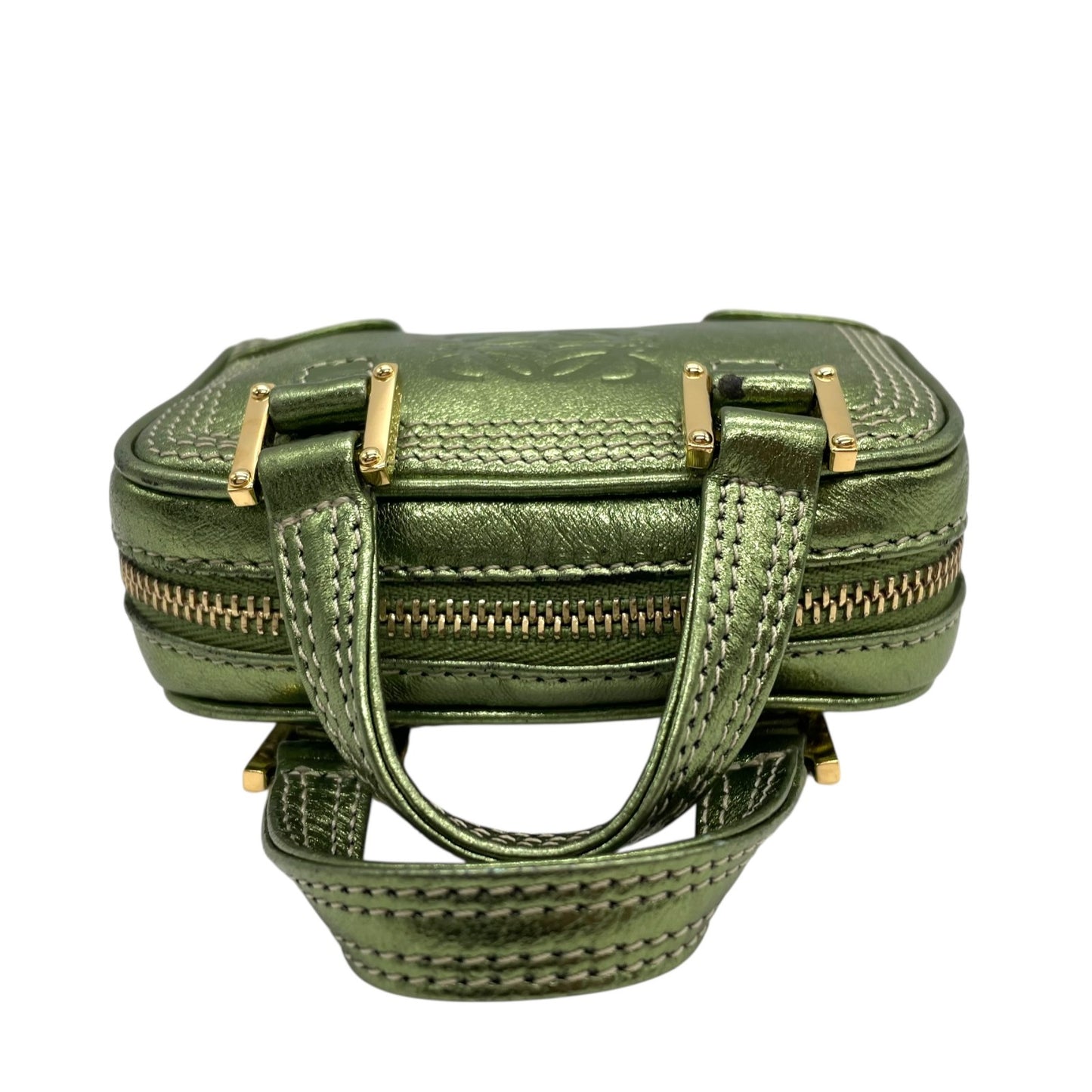 Authentic LOEWE Amazona Micro Mini Shoulder Bag Metallic Green Leather Anagram Logo Crossbody Gold Hardware Vintage Women's