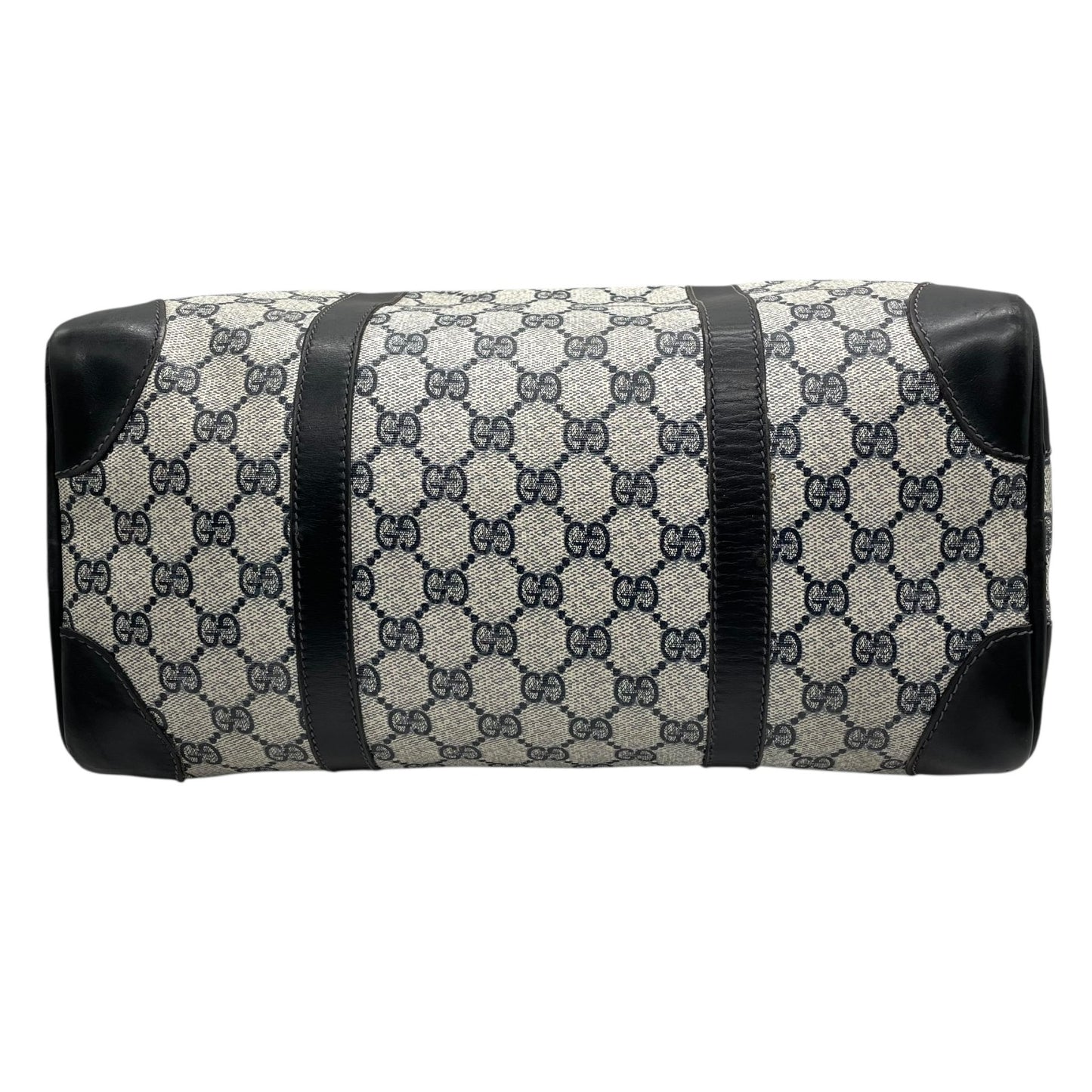 Authentic GUCCI GG Supreme Boston Bag Gray Navy PVC Leather Gold Hardware Vintage Women's Handbag GG Pattern