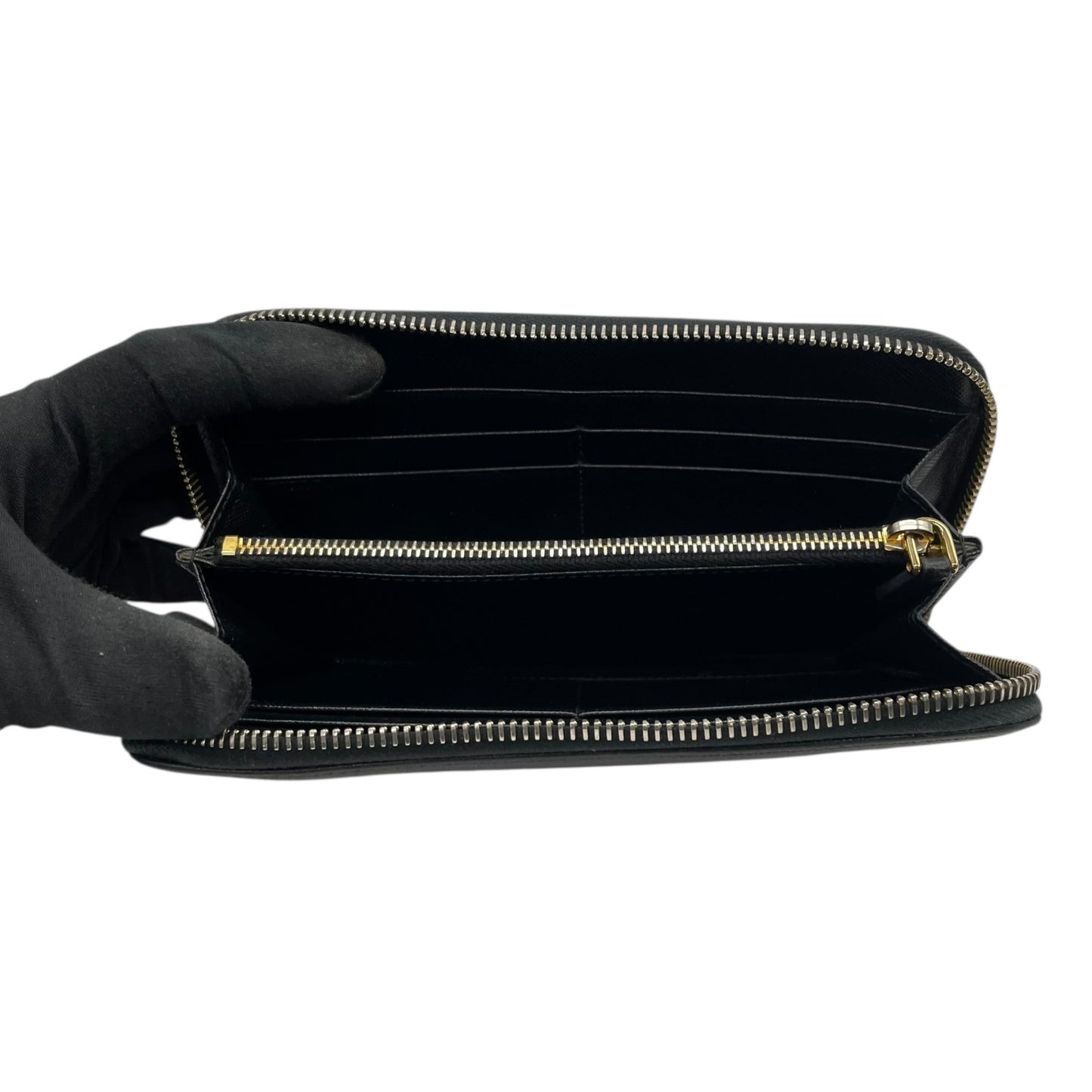 Authentic PRADA Saffiano Leather Long Wallet Black Round Zipper Logo Gold Hardware Women's