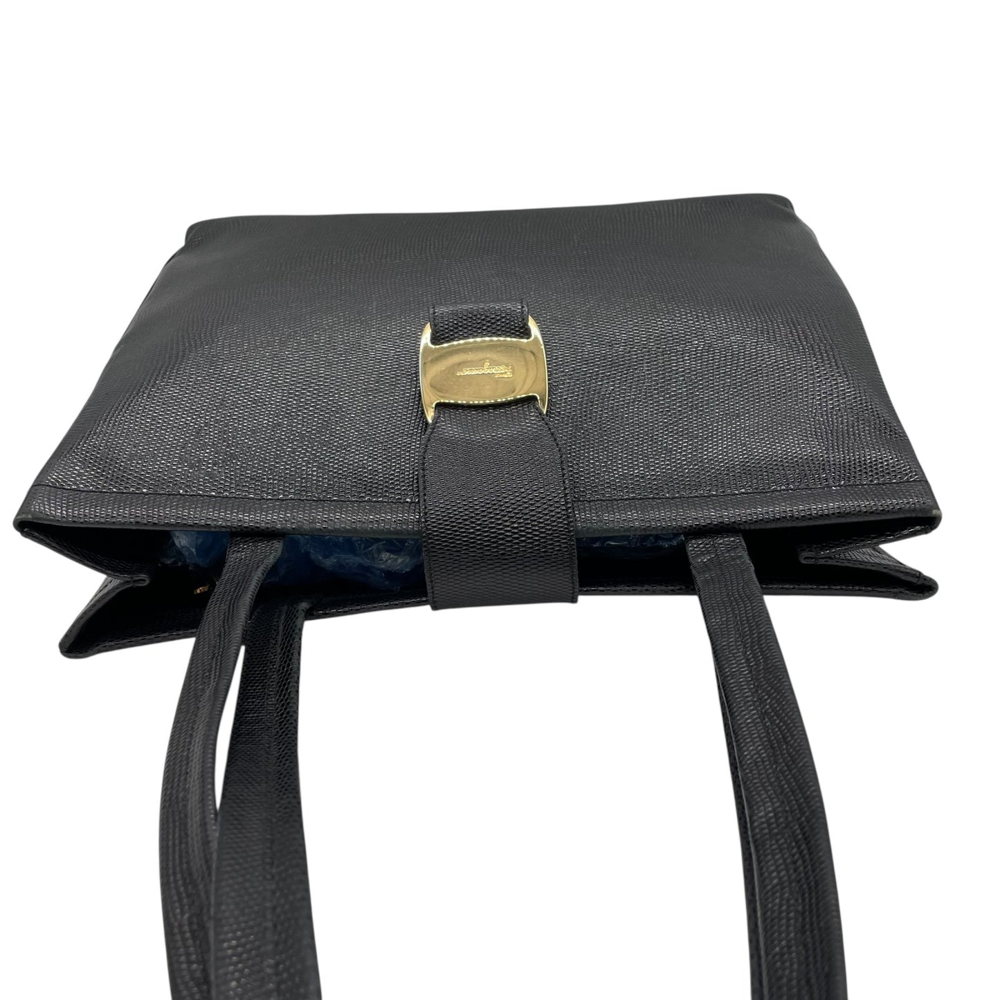 Salvatore Ferragamo フェラガモ ヴァラリボン トートバッグ ワンショルダー レザー トカゲ型押し 黒 ブラック ゴールド金具 肩掛け可 サルヴァトーレフェラガモ レディース E