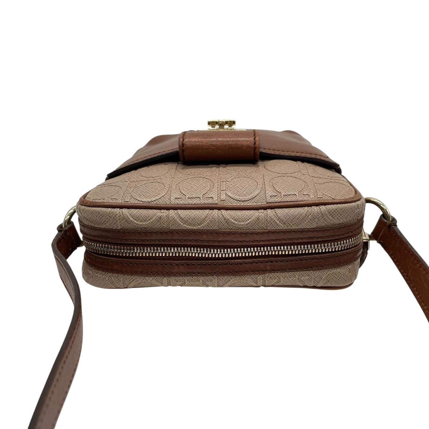 美品 Salvatore Ferragamo フェラガモ ガンチーニ ショルダーバッグ PVC レザー ベージュ ブラウン ゴールド金具 クロスボディ ポシェット 斜め掛け レディース K11