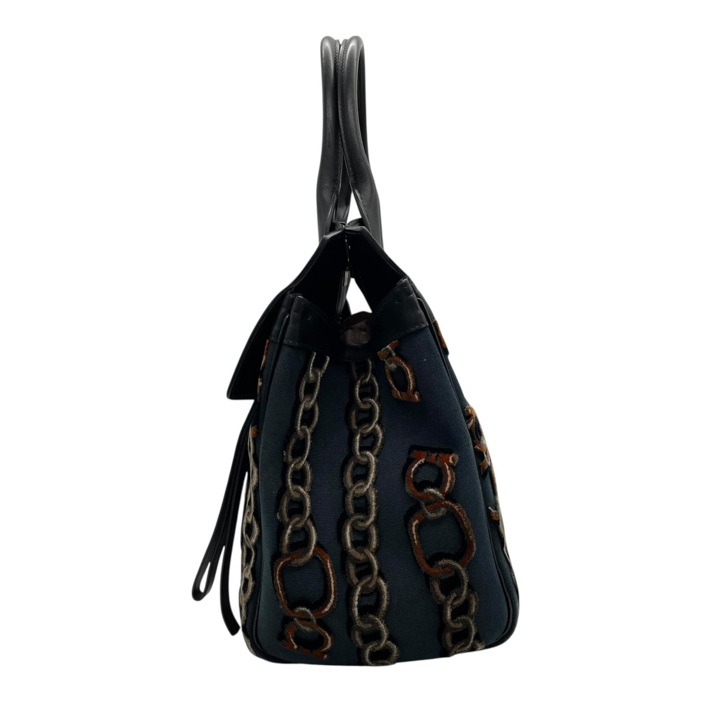 美品 Salvatore Ferragamo サルヴァトーレ フェラガモ ガンチーニ チェーン柄 ハンドバッグ 紺 ネイビー 黒 ブラック キャンバス レザー ゴールド金具 レディース B