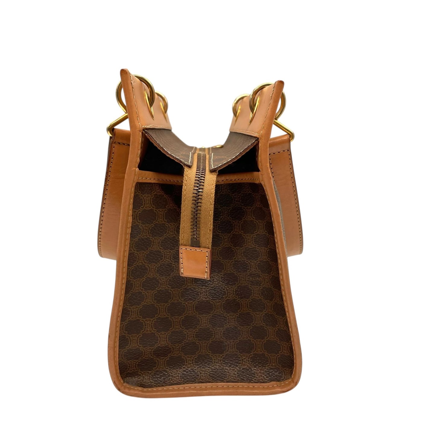 CELINE セリーヌ マカダム柄 ハンドバッグ ミニトート 茶 ブラウン PVC レザー ゴールド金具 手提げ ヴィンテージ オールドセリーヌ レディース E