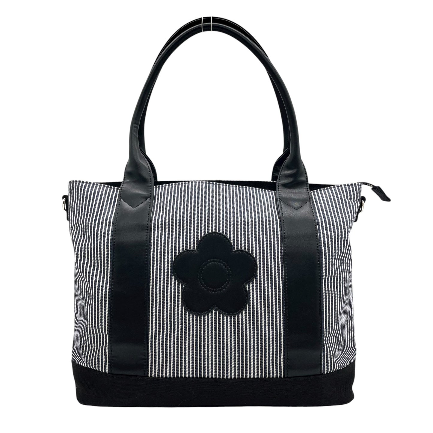マリークヮント MARY QUANT トートバッグ ストライプ デイジー 花モチーフ ショルダー付き 2WAY 黒 ブラック ホワイト T3