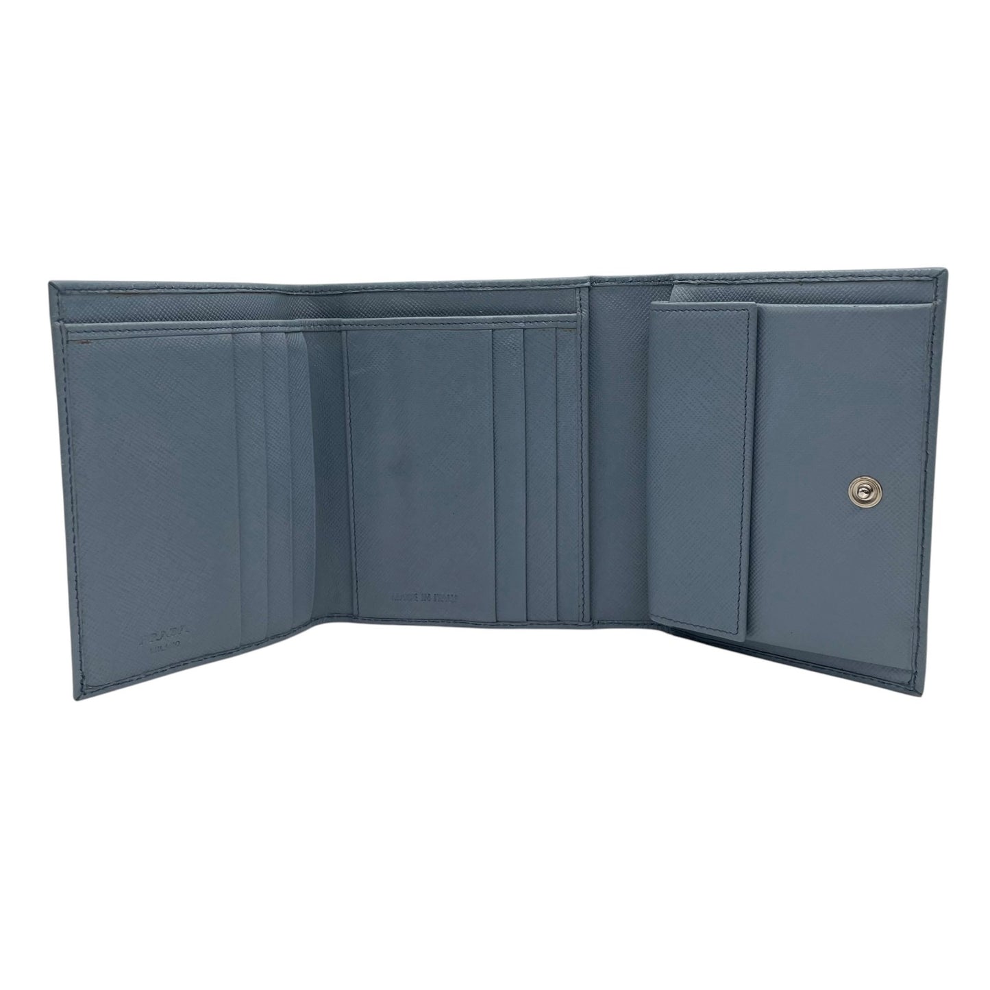 美品 プラダ PRADA サフィアーノレザー 二つ折り財布 トライアングルロゴ 水色 ライトブルー レディース コンパクトウォレット M5