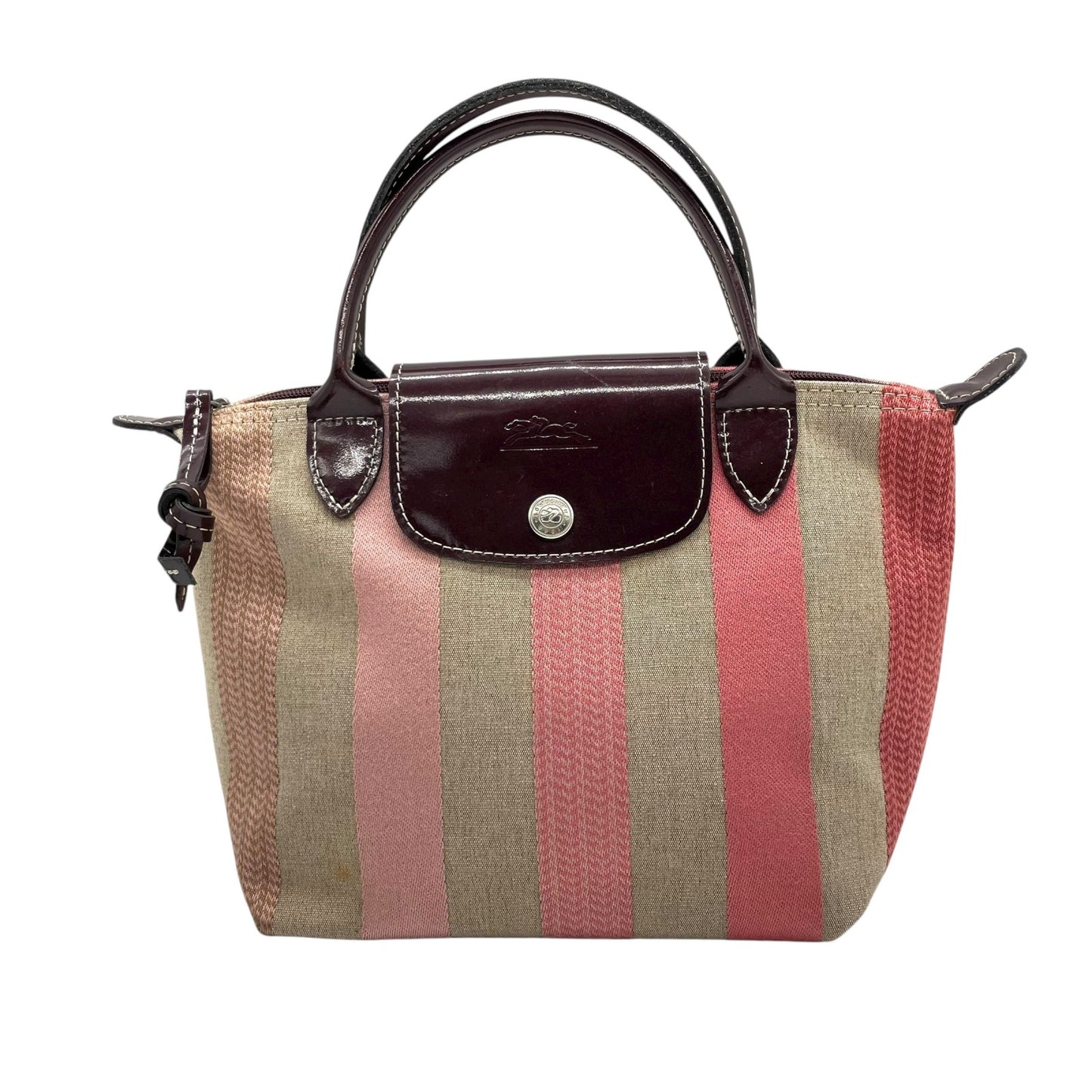 美品 ロンシャン LONGCHAMP ルプリアージュ ハンドバッグ トートバッグ マルチカラー ストライプ ベージュ ピンク キャンバス×レザー U2
