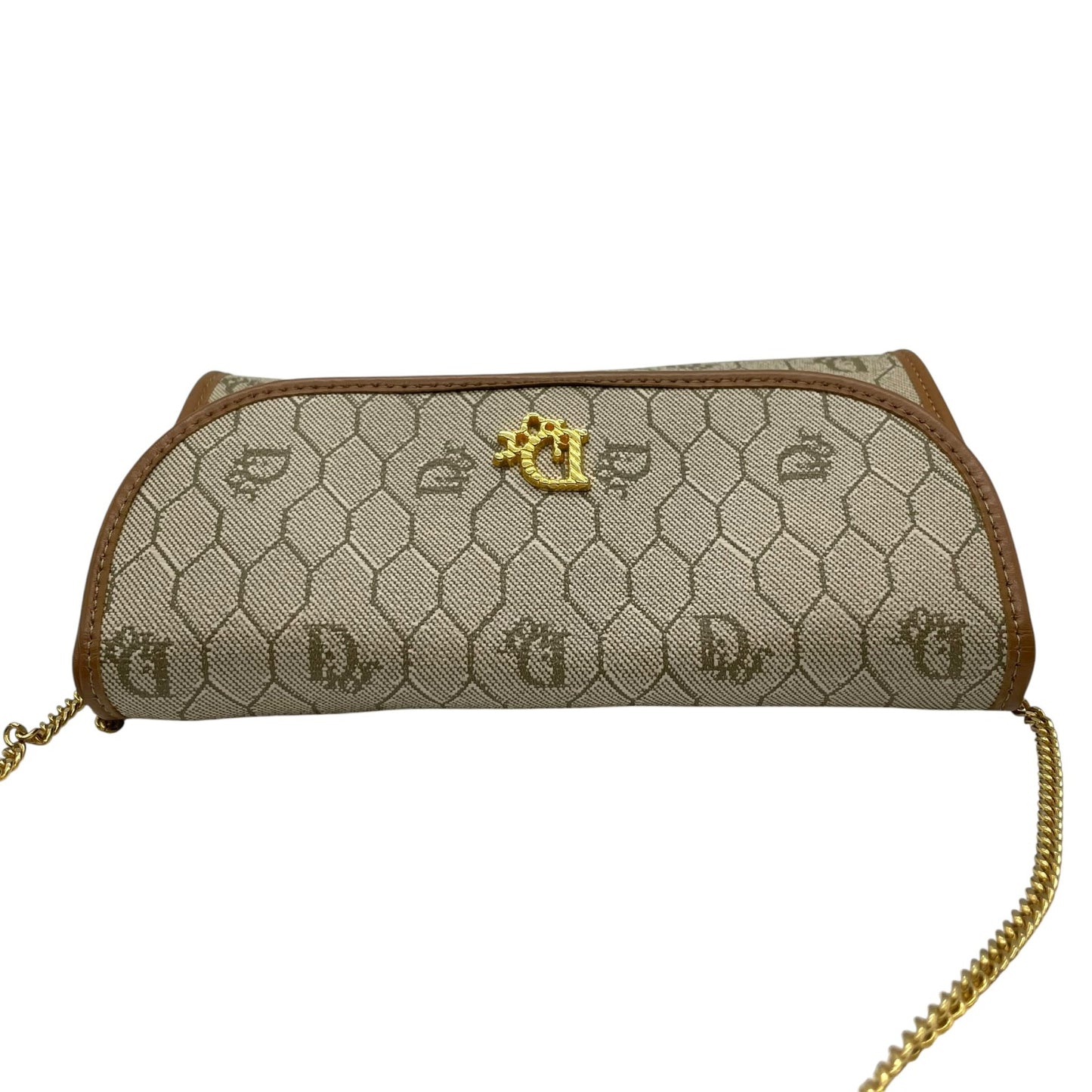 クリスチャン ディオール Christian Dior CDロゴ チェーンショルダーバッグ ベージュ 茶色 ブラウン ハニカム柄 キャンバス レザー ゴールド 金金具 ヴィンテージ K11