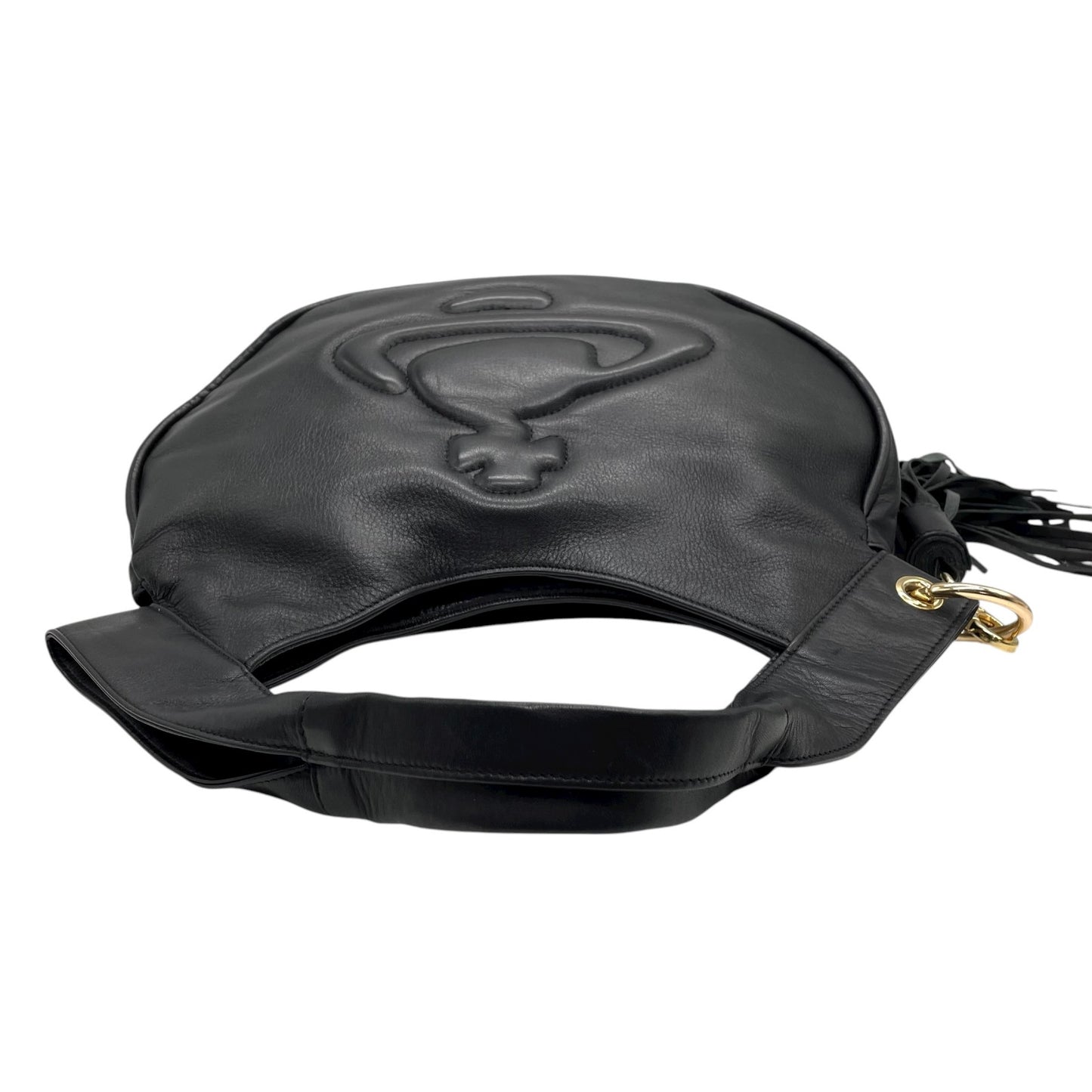 未使用級 ヴィヴィアンウエストウッド Vivienne Westwood オーブ ロゴ ハンドバッグ ワンショルダー ホーボーバッグ タッセル付き フリンジ 黒 ブラック レザー ゴールド金具 C8