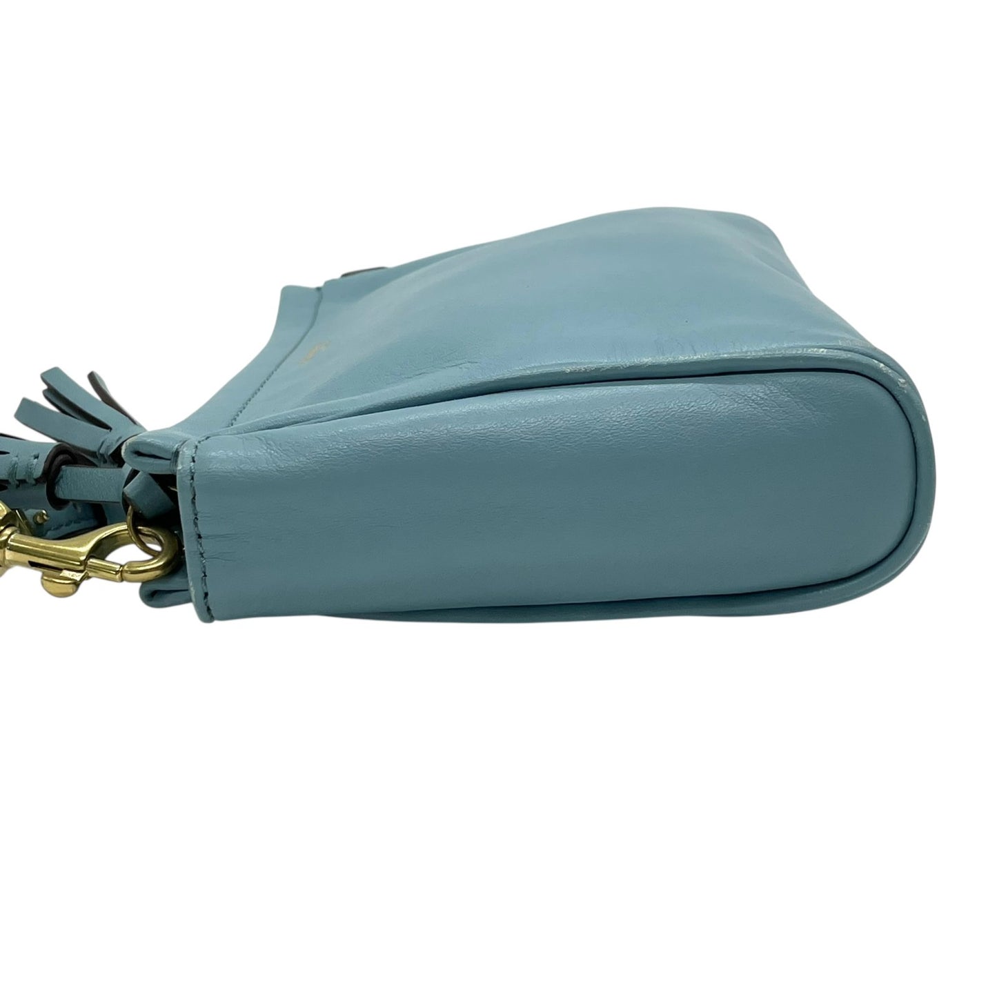 美品 コーチ COACH ポーチ レザー スカイブルー タッセル付き ロゴ 上品 コンパクト 本革 S52