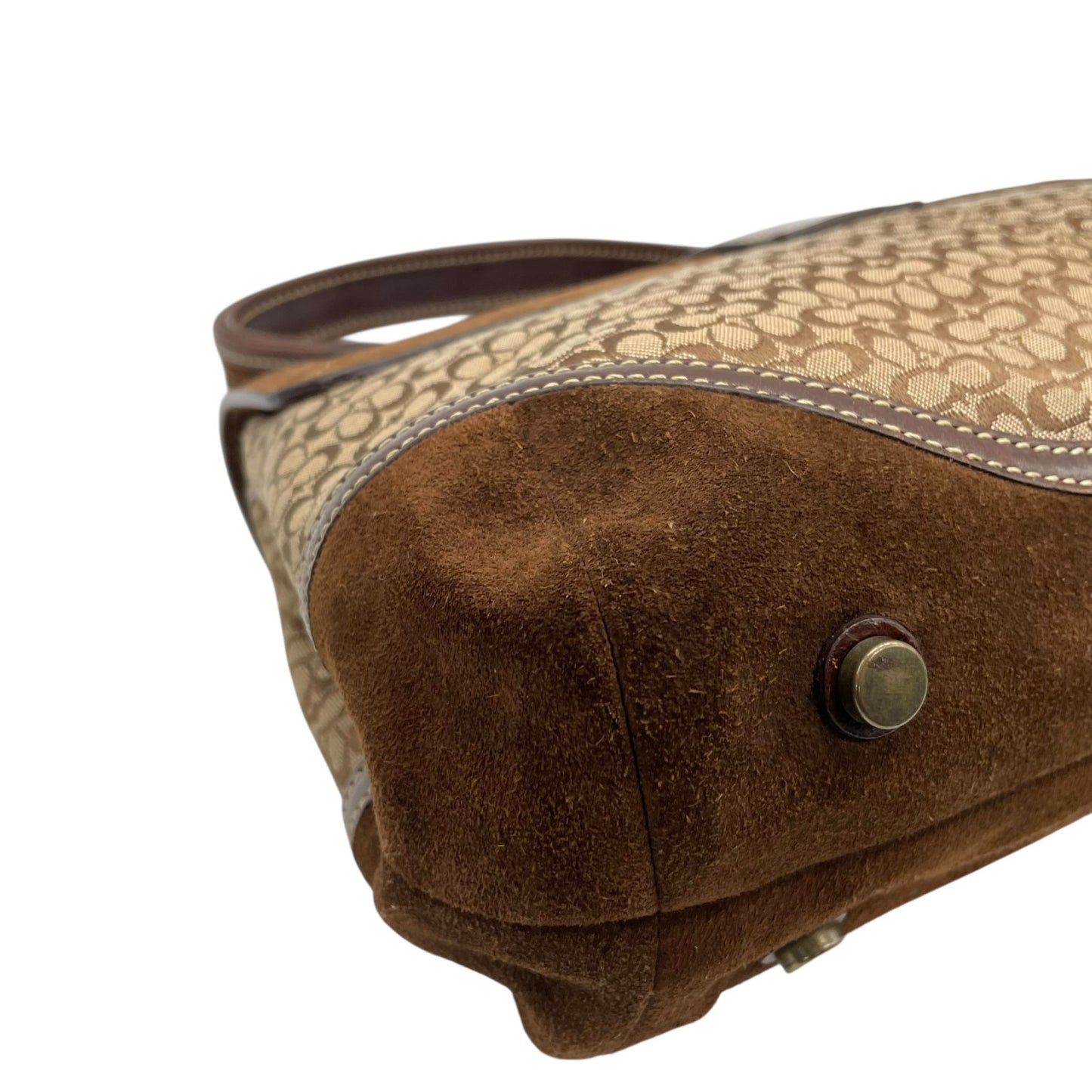 コーチ COACH シグネチャー スエード レザー ハンドバッグ 7078 茶色 ブラウン ゴールド金具 金金具 チャーム付き E10